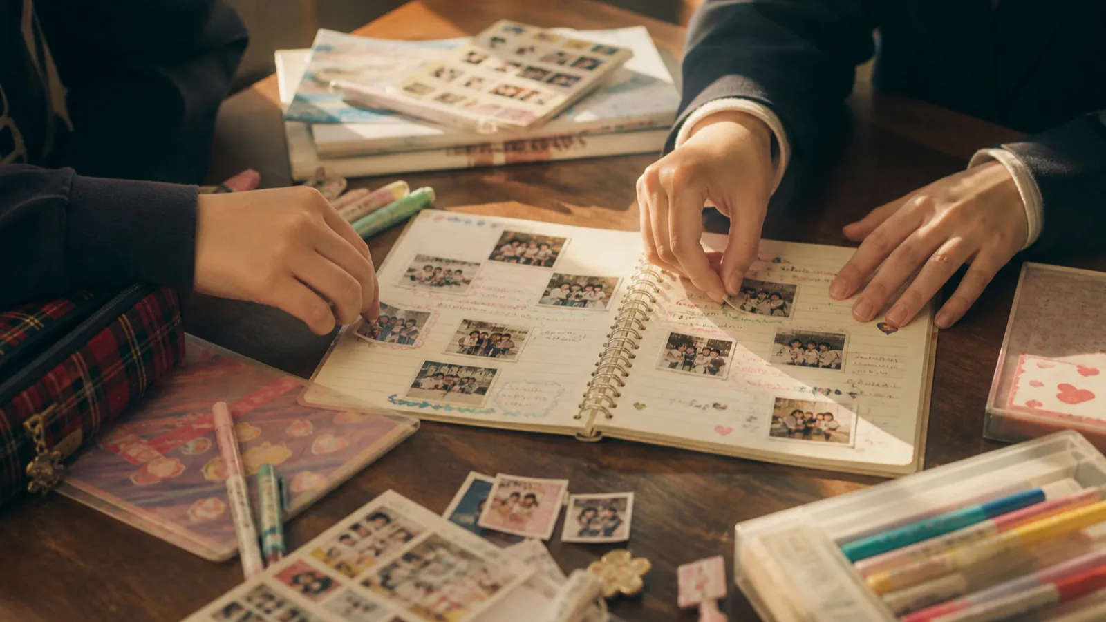 平成のプリクラ帳と小さな写真シールが並ぶ手帳