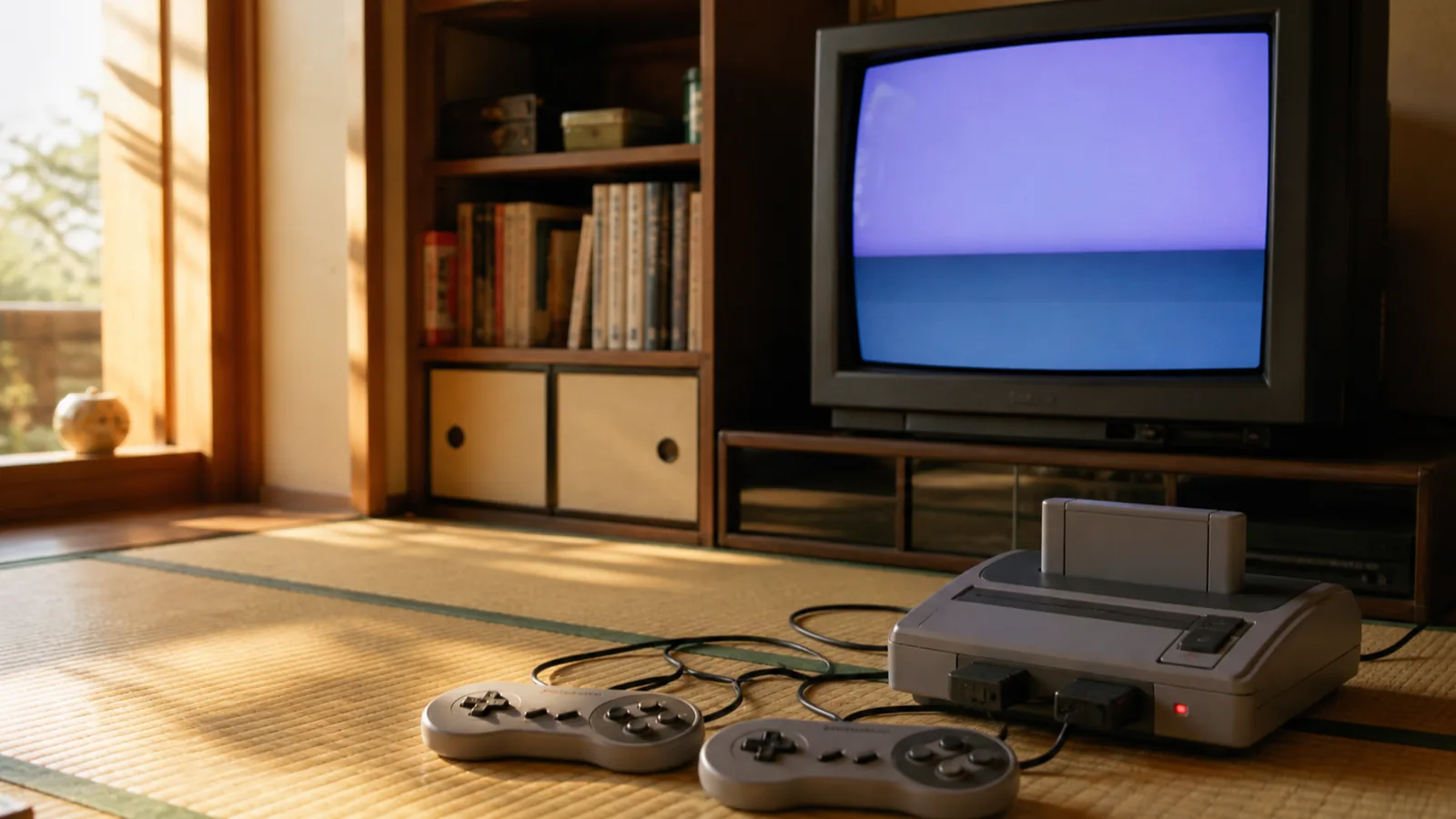 平成初期の家庭用ゲーム機と攻略本を囲むテレビ台