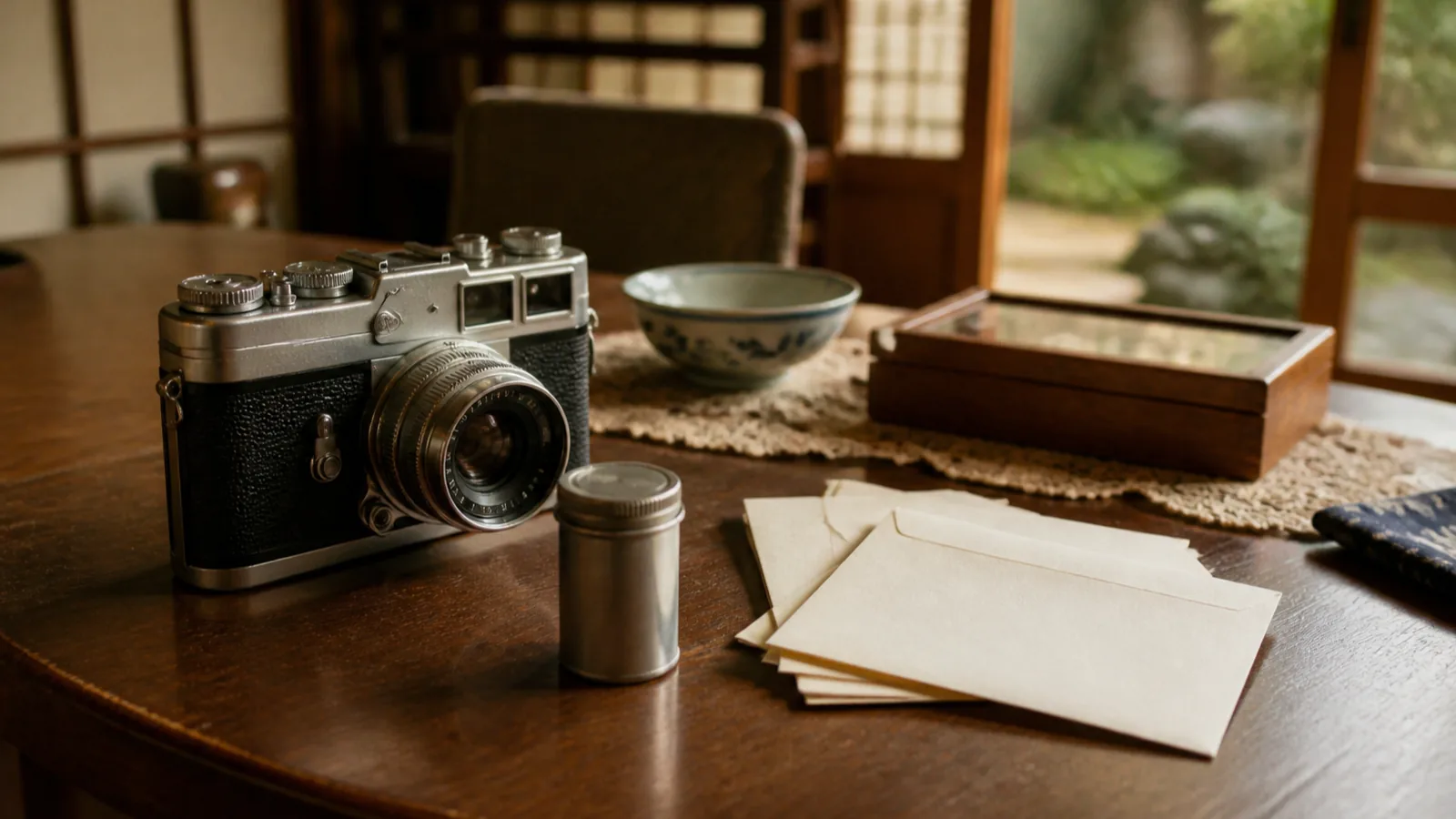昭和のフィルムカメラと現像を待つ家族写真の封筒