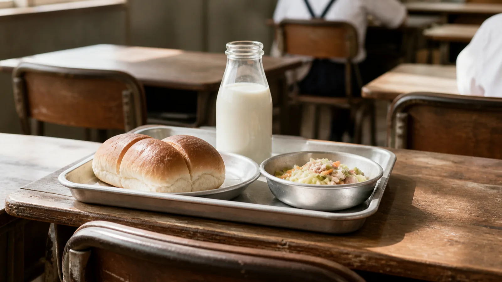 昭和40年代の学校給食の瓶牛乳と紙ぶた