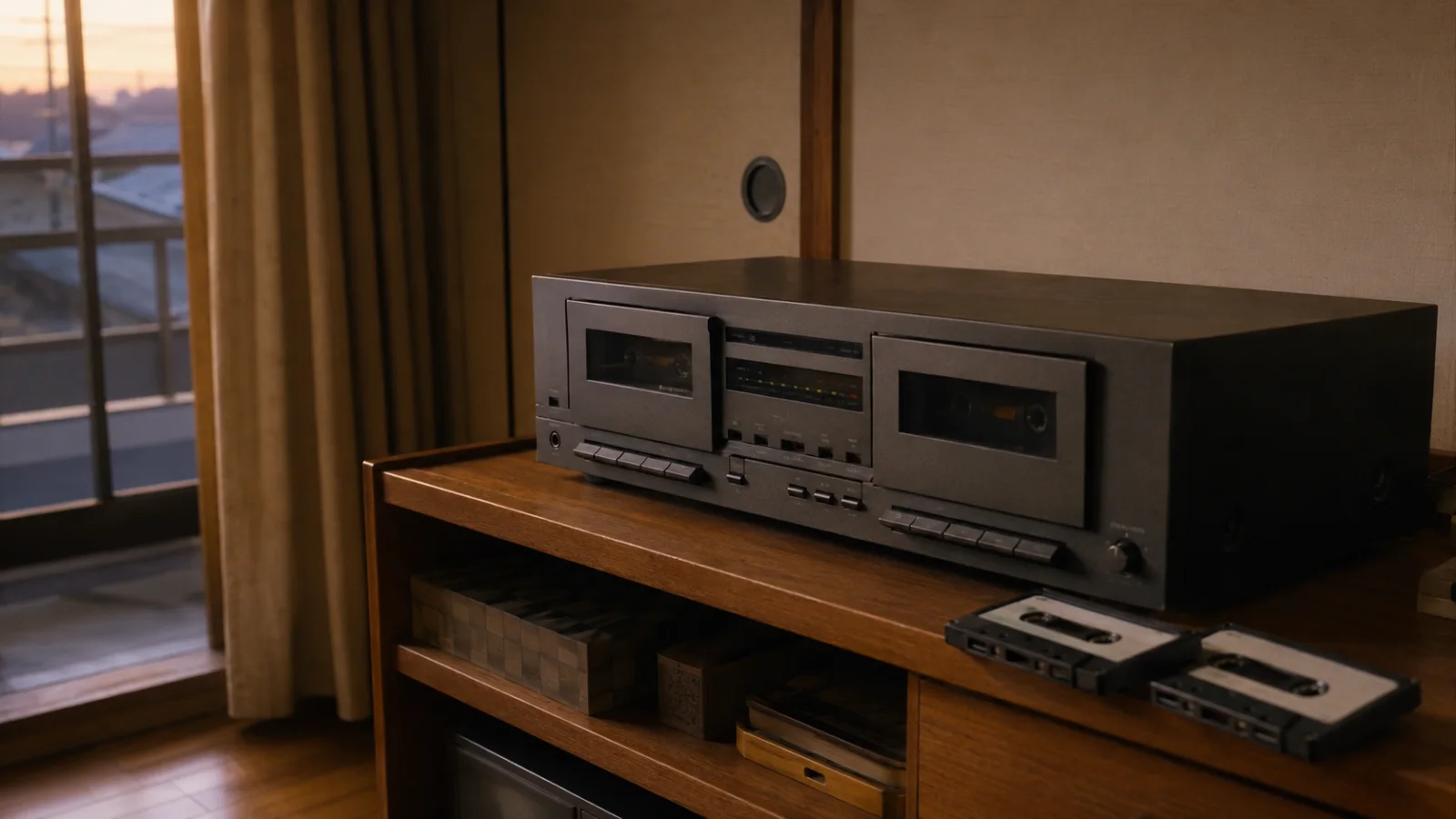 昭和末期〜平成初期（1985〜1993年ごろ）のダブルカセットデッキを思わせる横長の記憶風景