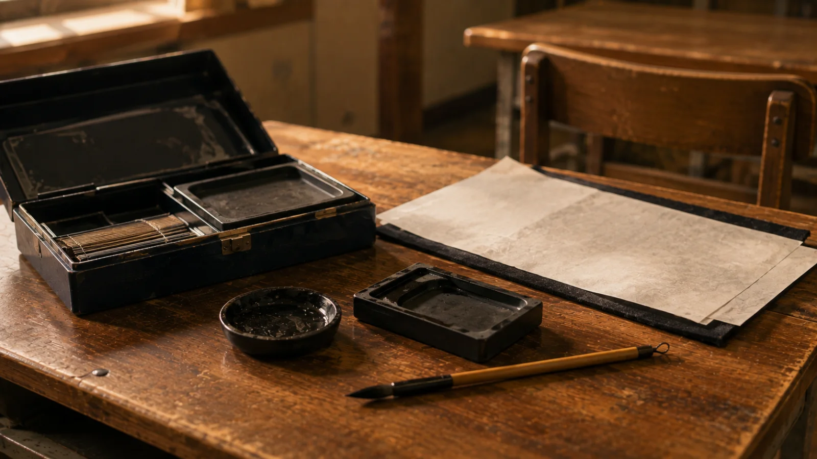 昭和50年代（1975〜1984年ごろ）の書道セットを思わせる横長の記憶風景