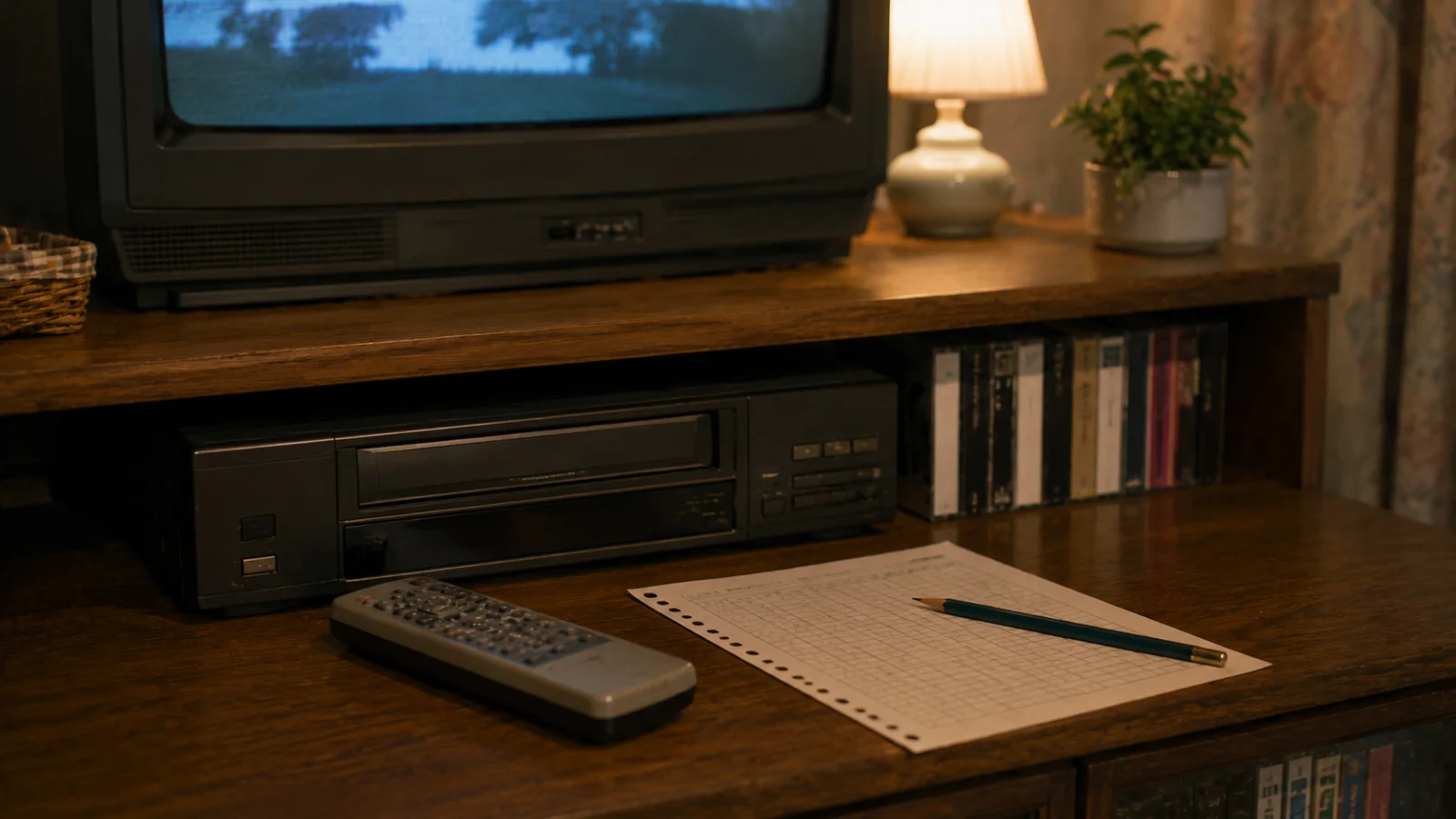 昭和末期〜平成初期（1988〜1996年ごろ）のVHS録画予約を思わせる横長の記憶風景