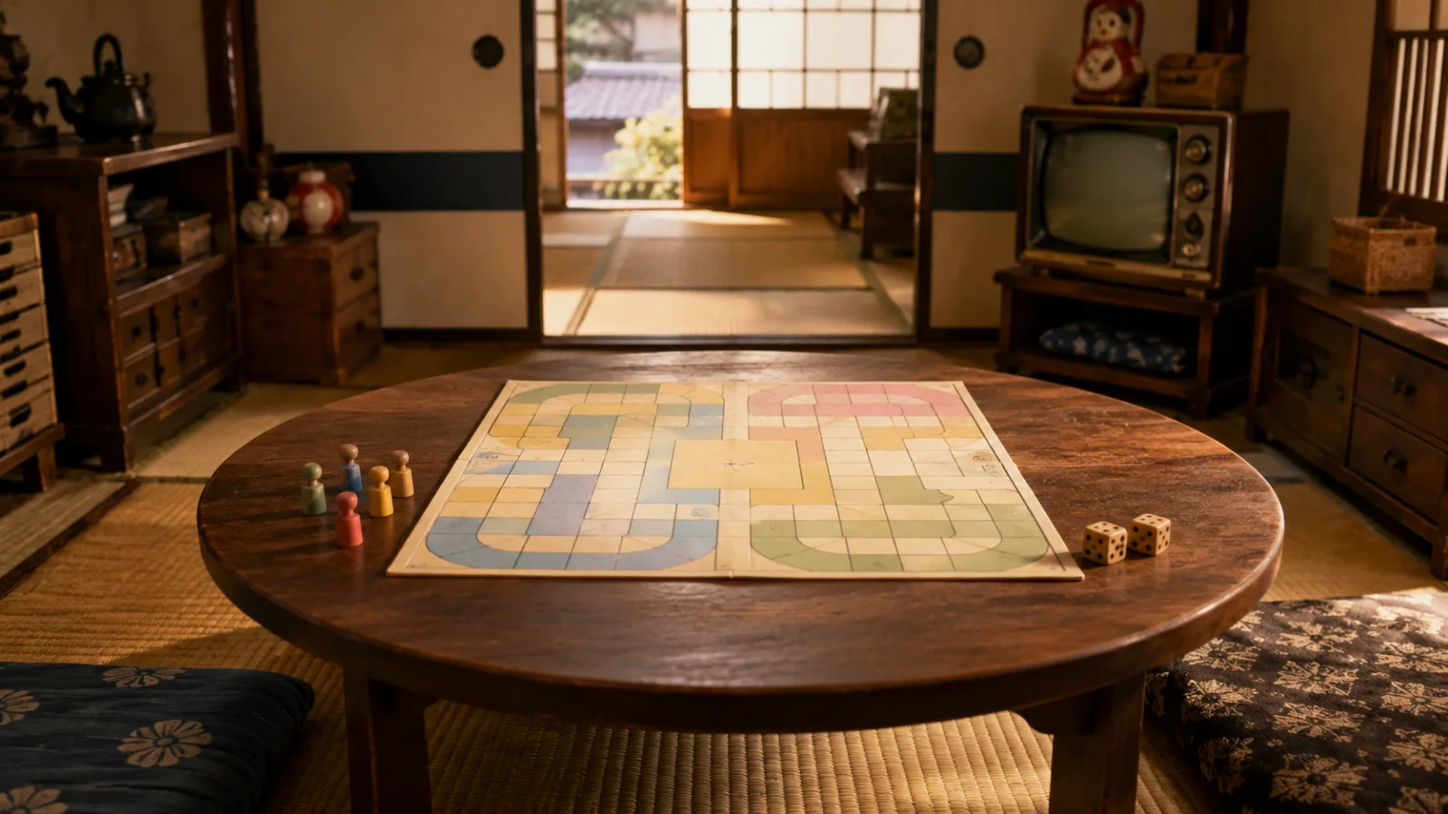 昭和30年代（1955〜1964年ごろ）のすごろく盤を思わせる横長の記憶風景