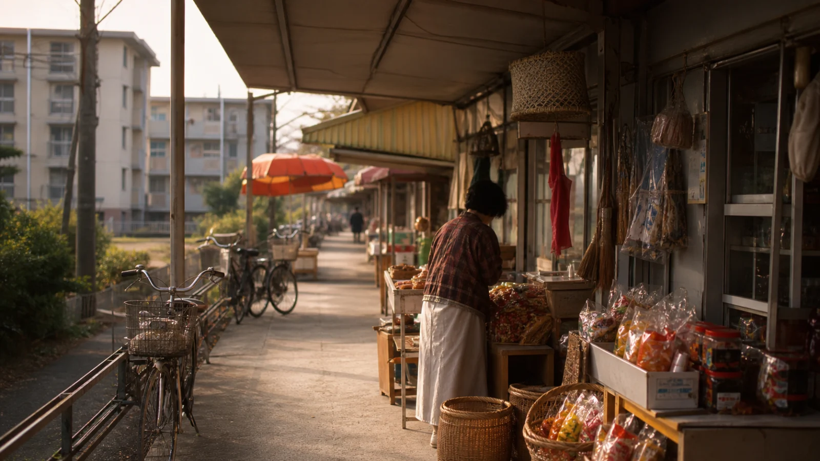 昭和40年代〜50年代（1965〜1984年ごろ）の団地の商店街を思わせる横長の記憶風景