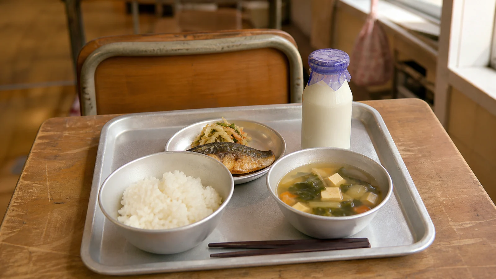 昭和50年代(1975〜1984年ごろ)の給食のアルマイト食器を思わせる横長の記憶風景