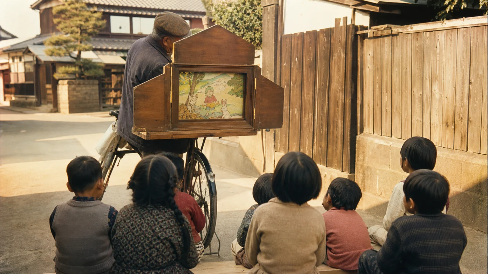 昭和30年代（1955〜1964年ごろ）の紙芝居を思わせる横長の記憶風景