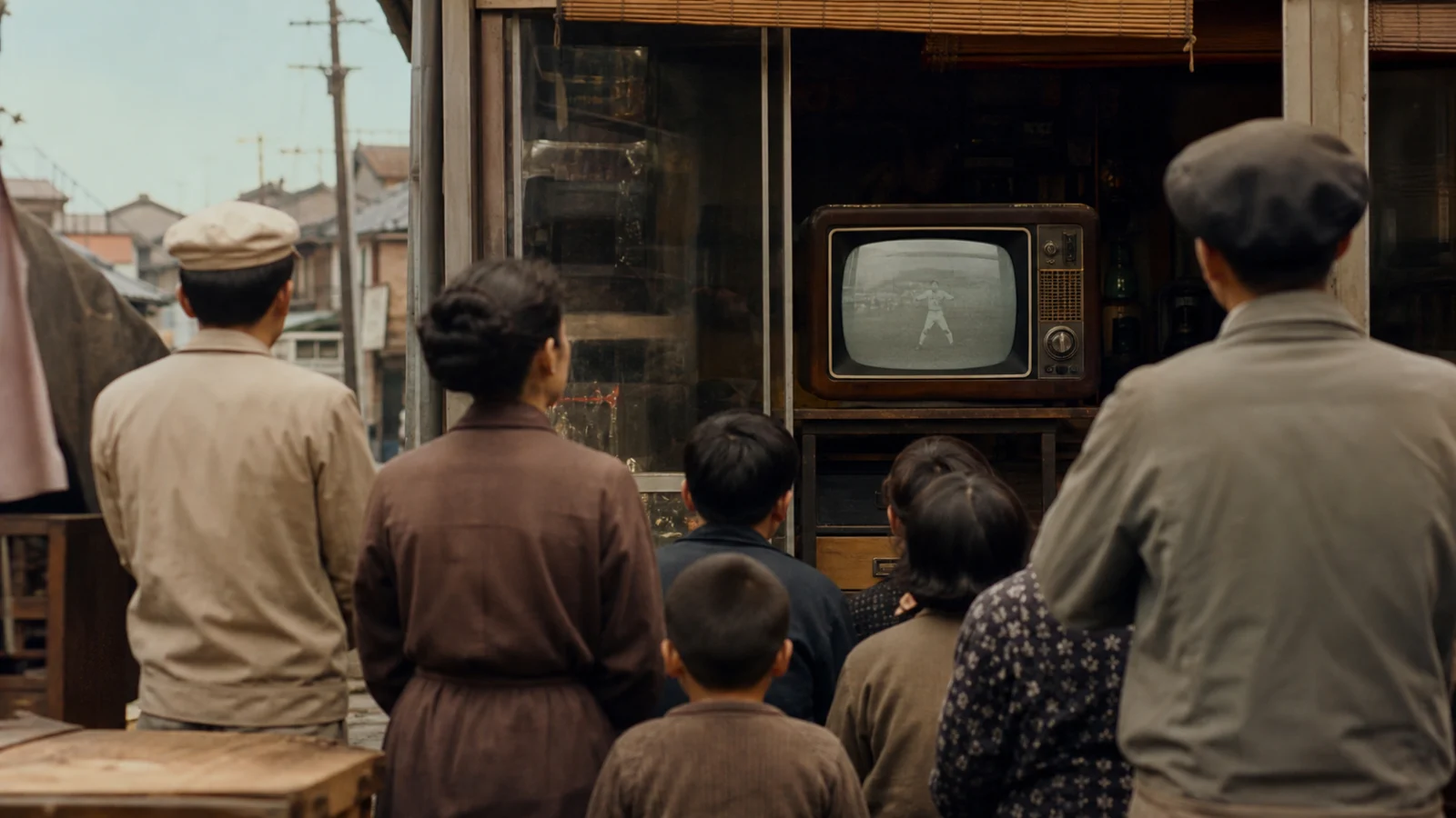 昭和30年代（1955〜1964年ごろ）の街頭テレビを思わせる横長の記憶風景