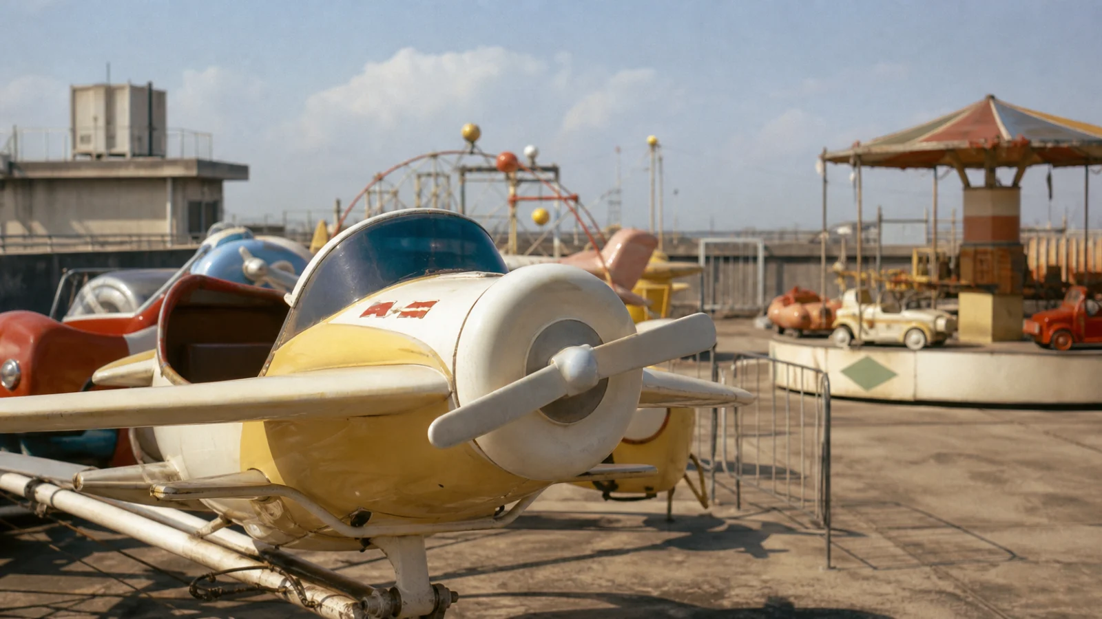 昭和40年代〜50年代（1965〜1984年ごろ）のデパートの屋上遊園地を思わせる横長の記憶風景