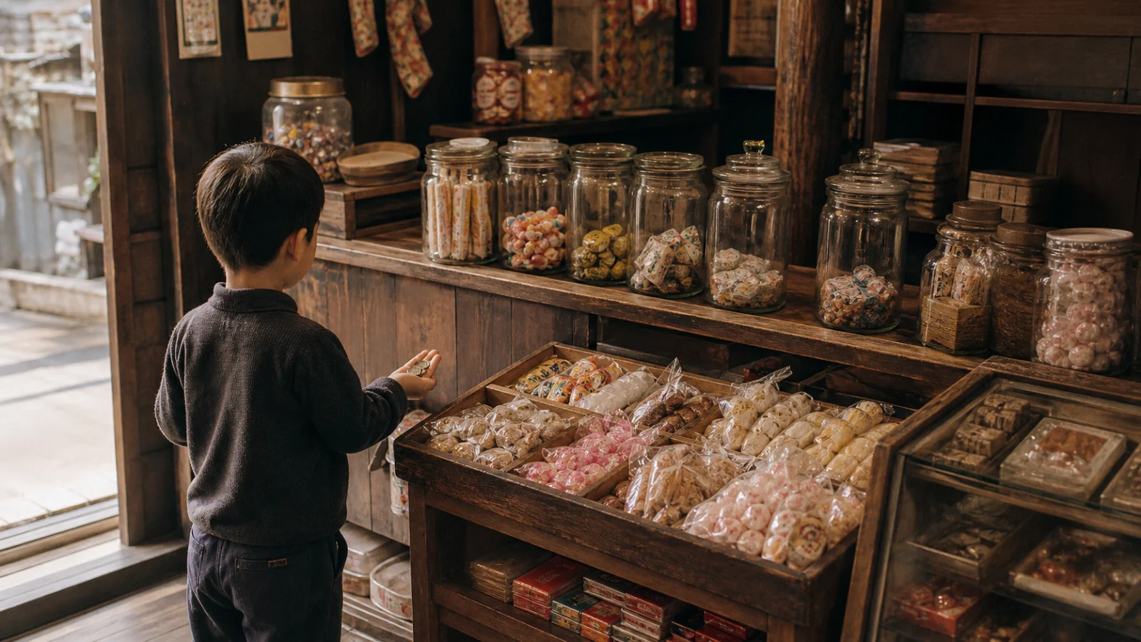 昭和30年代〜40年代(1955〜1974年ごろ)の駄菓子屋を思わせる横長の記憶風景