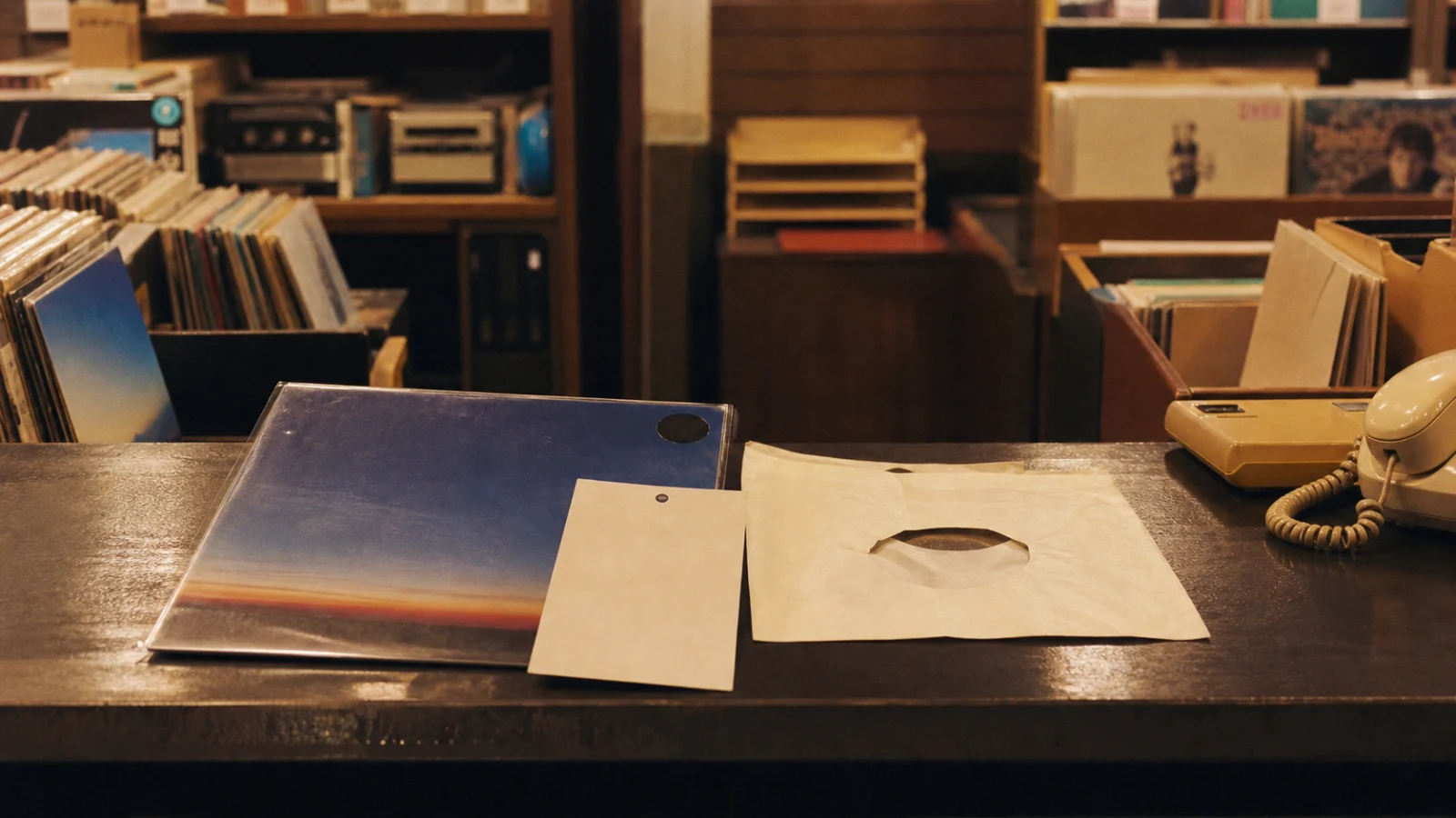 昭和末期（1980年代後半）のレコードレンタル店の貸出票を思わせる横長の記憶風景