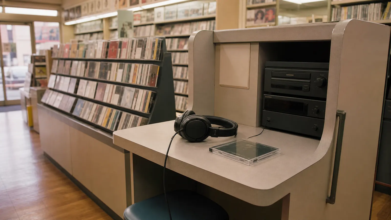 平成中期（1998〜2005年ごろ）のCDショップの試聴機を思わせる横長の記憶風景