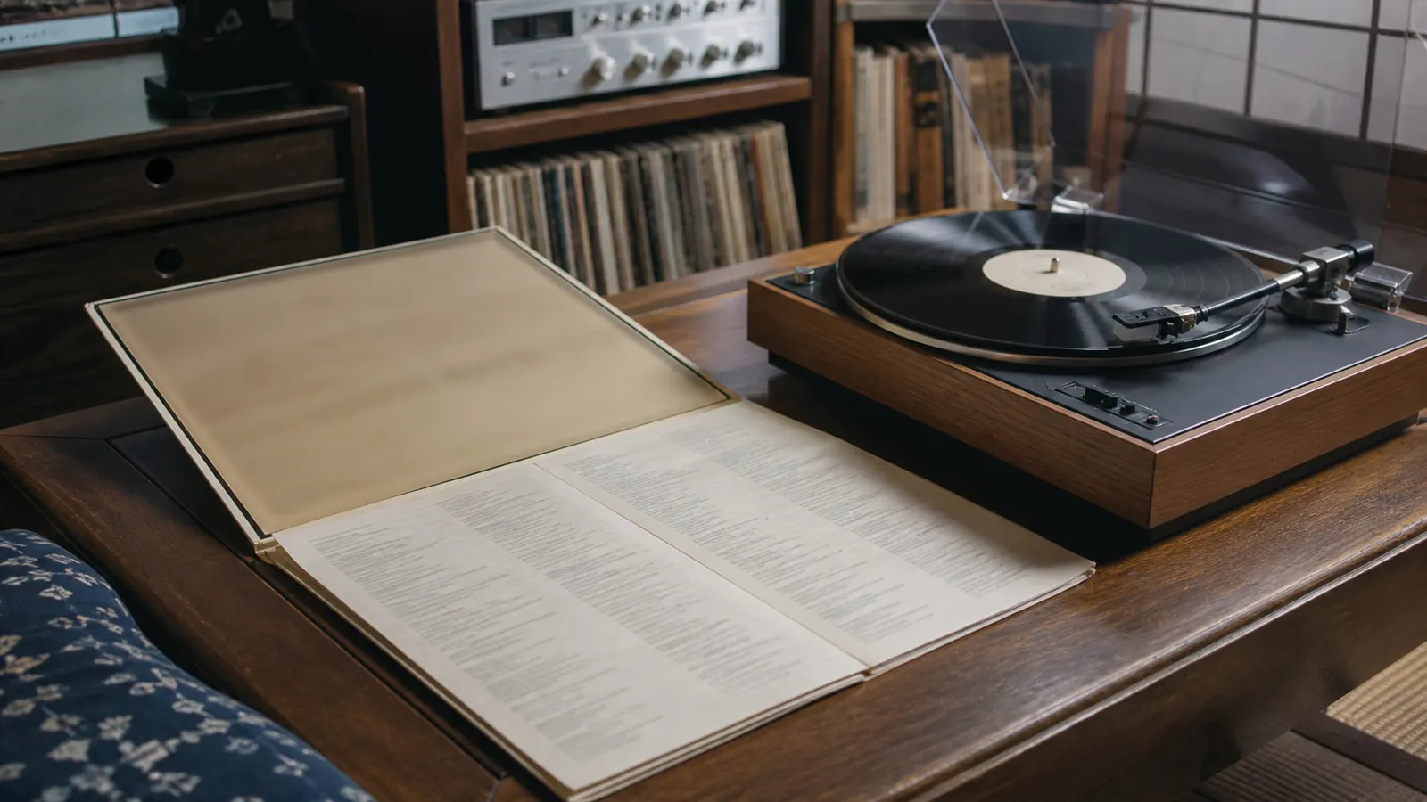 昭和50年代（1975〜1984年ごろ）のレコードの歌詞カードを思わせる横長の記憶風景
