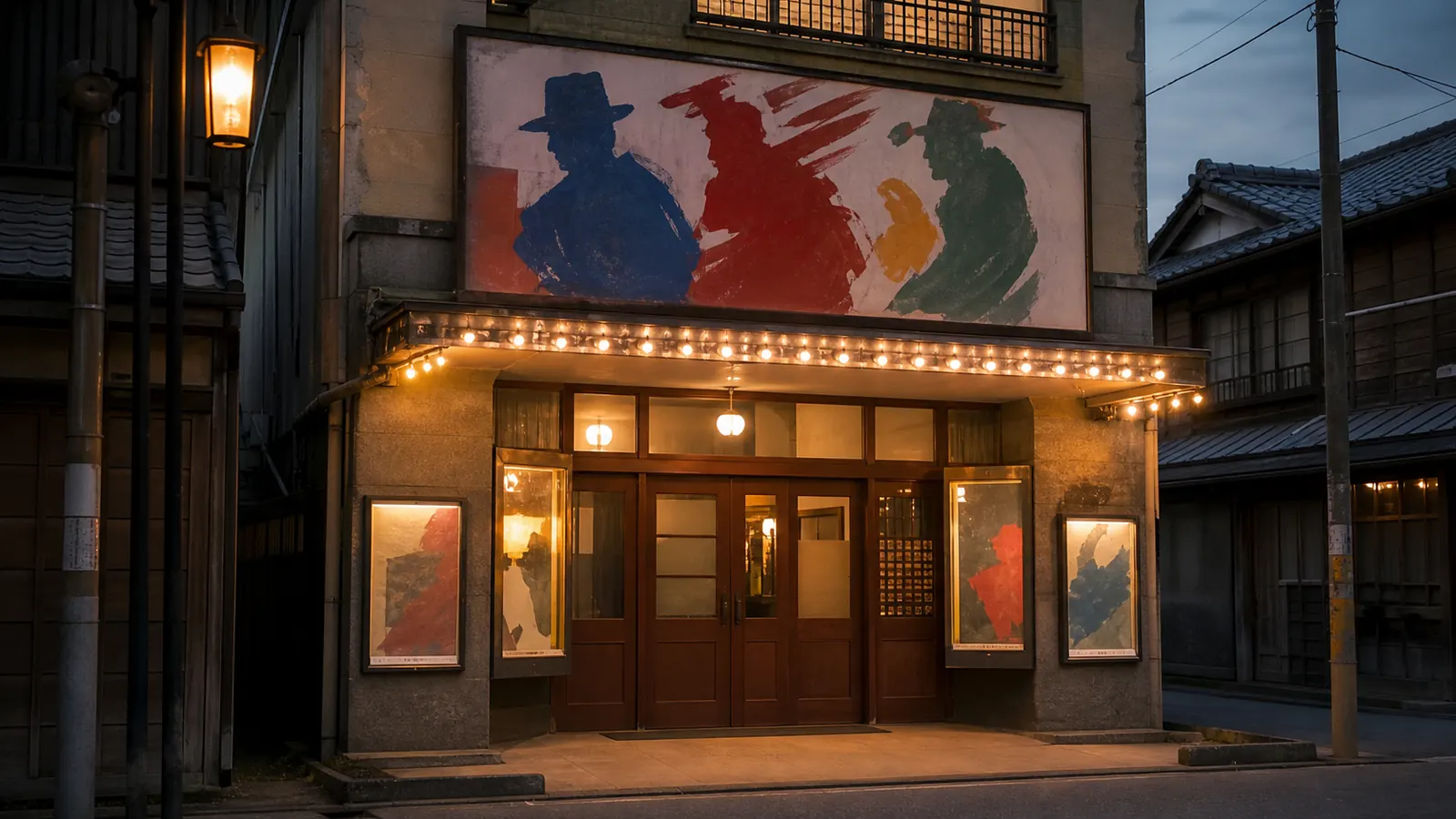 昭和20年代後半〜30年代（1950〜1964年ごろ）の映画館の手描き看板を思わせる横長の記憶風景