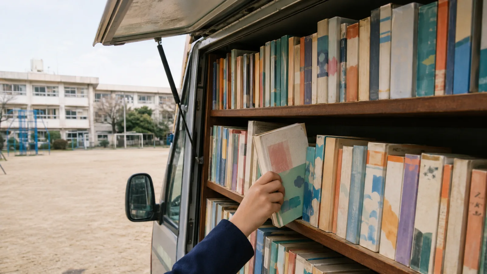 昭和末期〜平成初期（1985〜1995年ごろ）の移動図書館の巡回本棚を思わせる横長の記憶風景