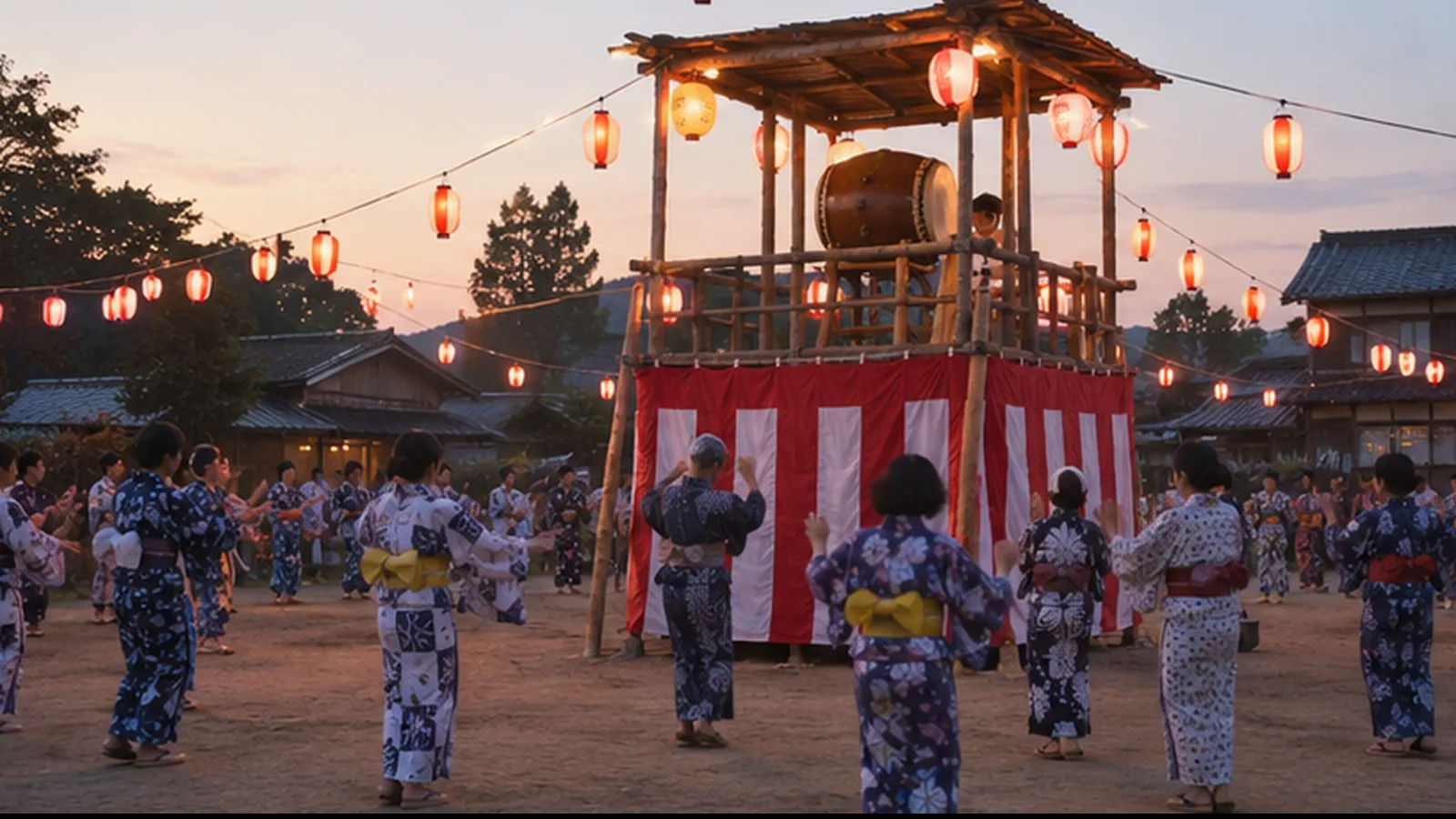 昭和20年代後半〜30年代（1950〜1964年ごろ）の盆踊りの太鼓やぐらを思わせる横長の記憶風景