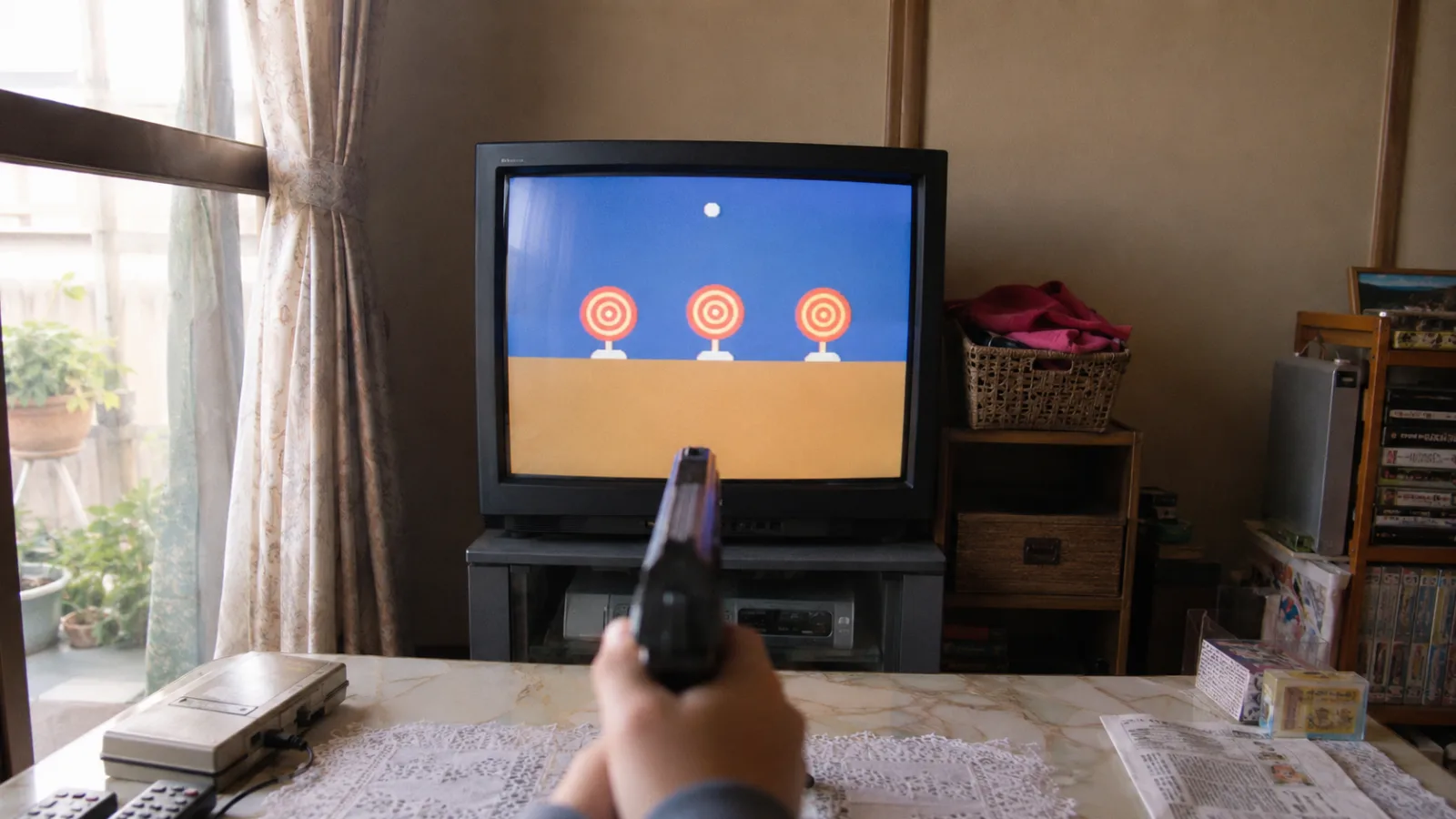 昭和末期（1985〜1993年ごろ）の光線銃のシューティング玩具を思わせる横長の記憶風景