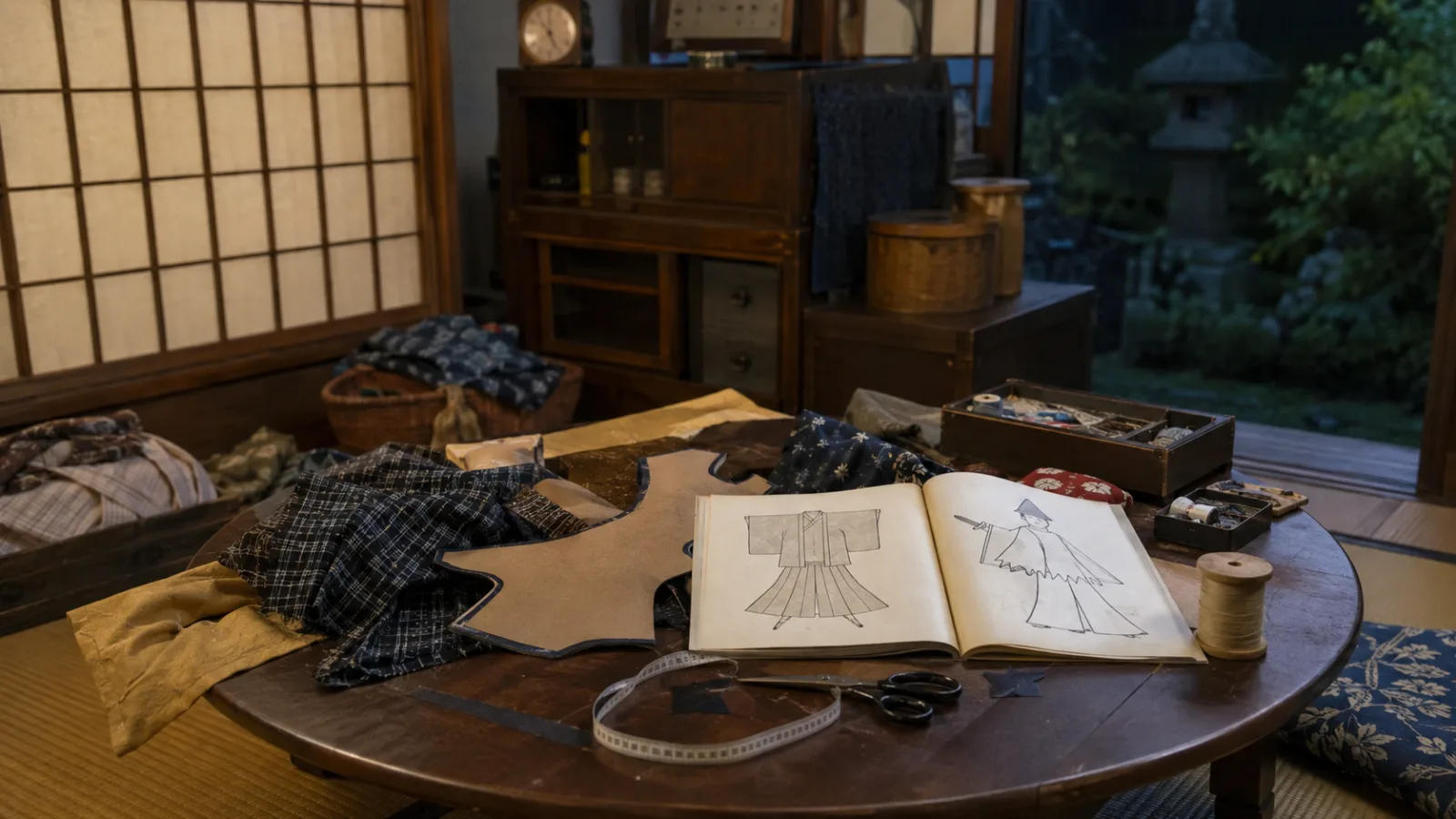 昭和20年代後半〜30年代（1950〜1964年ごろ）の学芸会の衣装作りを思わせる横長の記憶風景
