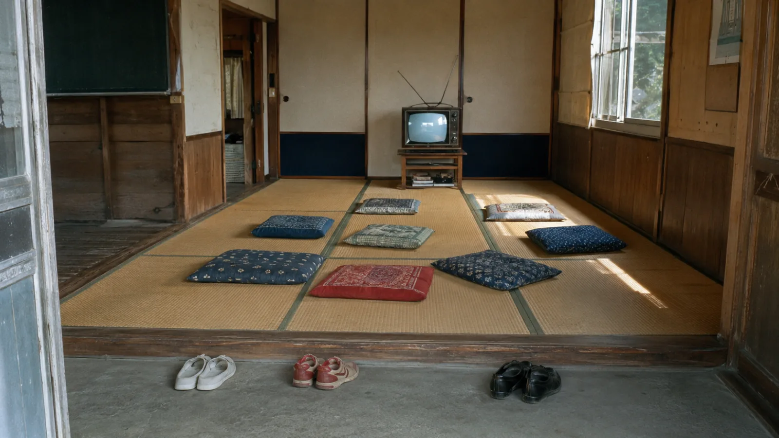昭和40年代（1965〜1972年ごろ）の町内会集会所の共同テレビを思わせる横長の記憶風景