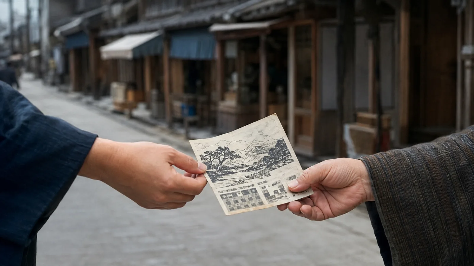 昭和20年代後半〜30年代（1950〜1964年ごろ）の映画館のビラ配りを思わせる横長の記憶風景