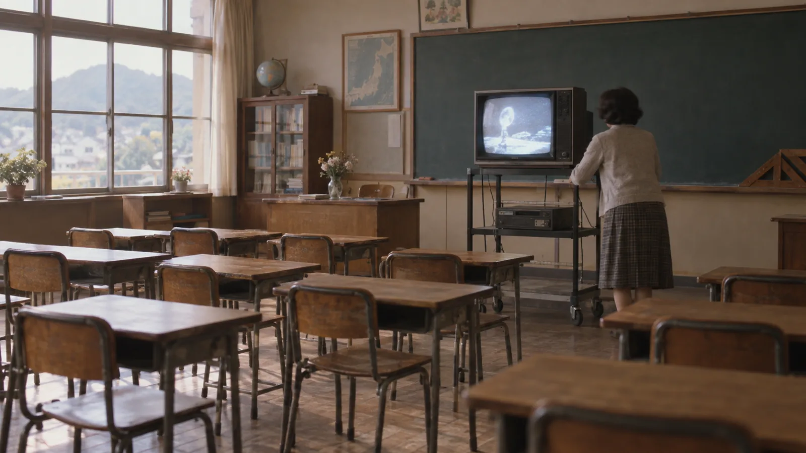 昭和40年代（1965〜1972年ごろ）の教室で見た教育テレビ番組を思わせる横長の記憶風景