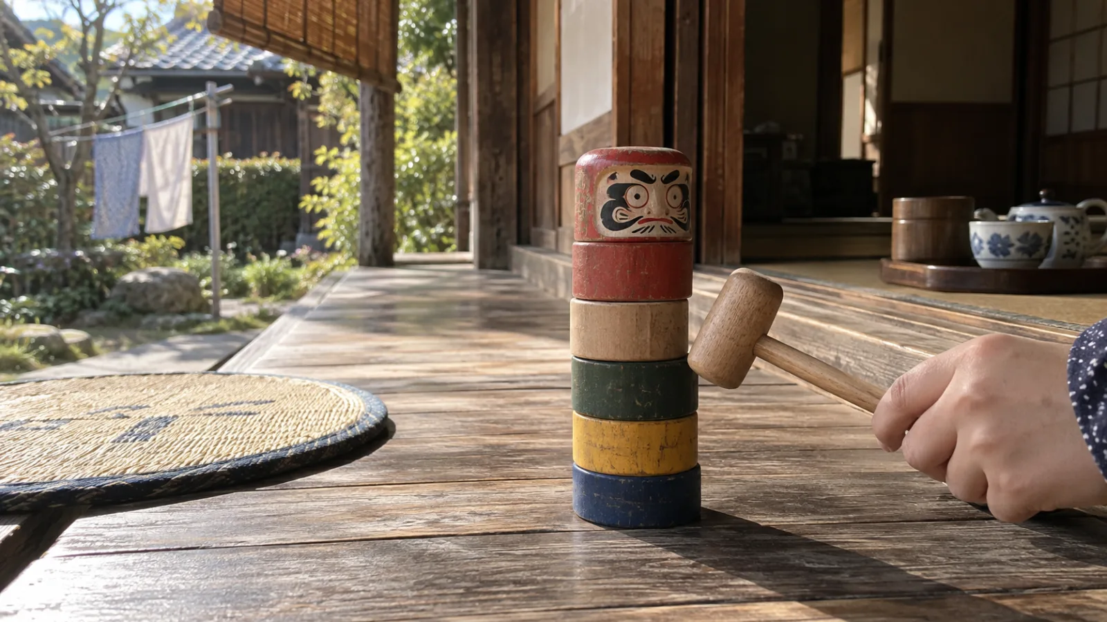 昭和40年代（1965〜1974年ごろ）のだるま落とし遊びを思わせる横長の記憶風景
