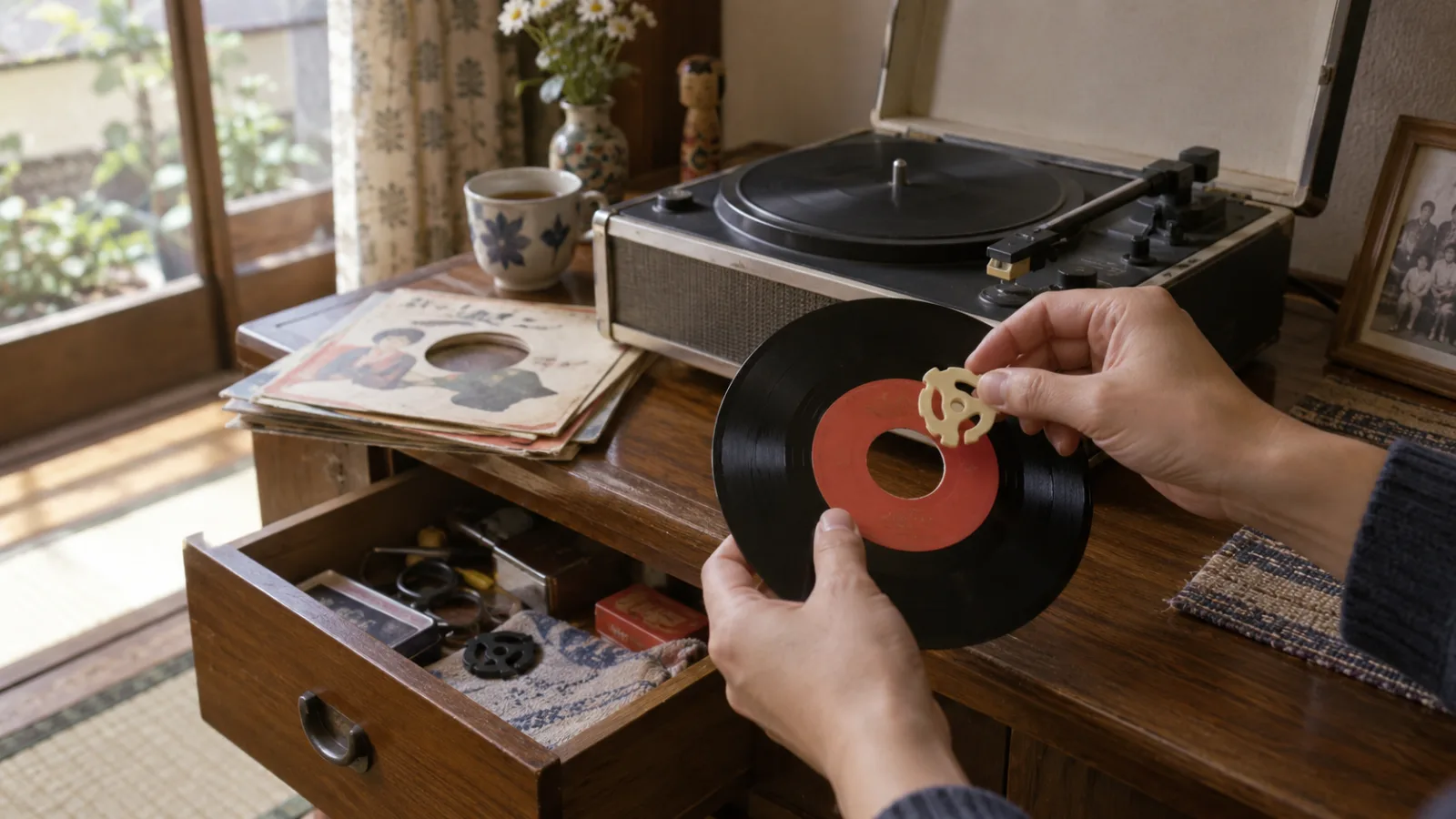 昭和40年代（1965〜1974年ごろ）のドーナツ盤レコードのアダプターを思わせる横長の記憶風景