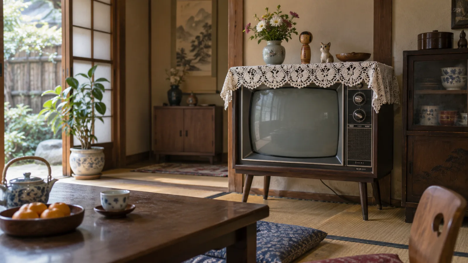 昭和40年代（1965〜1974年ごろ）の茶の間のテレビの上のレースカバーを思わせる横長の記憶風景