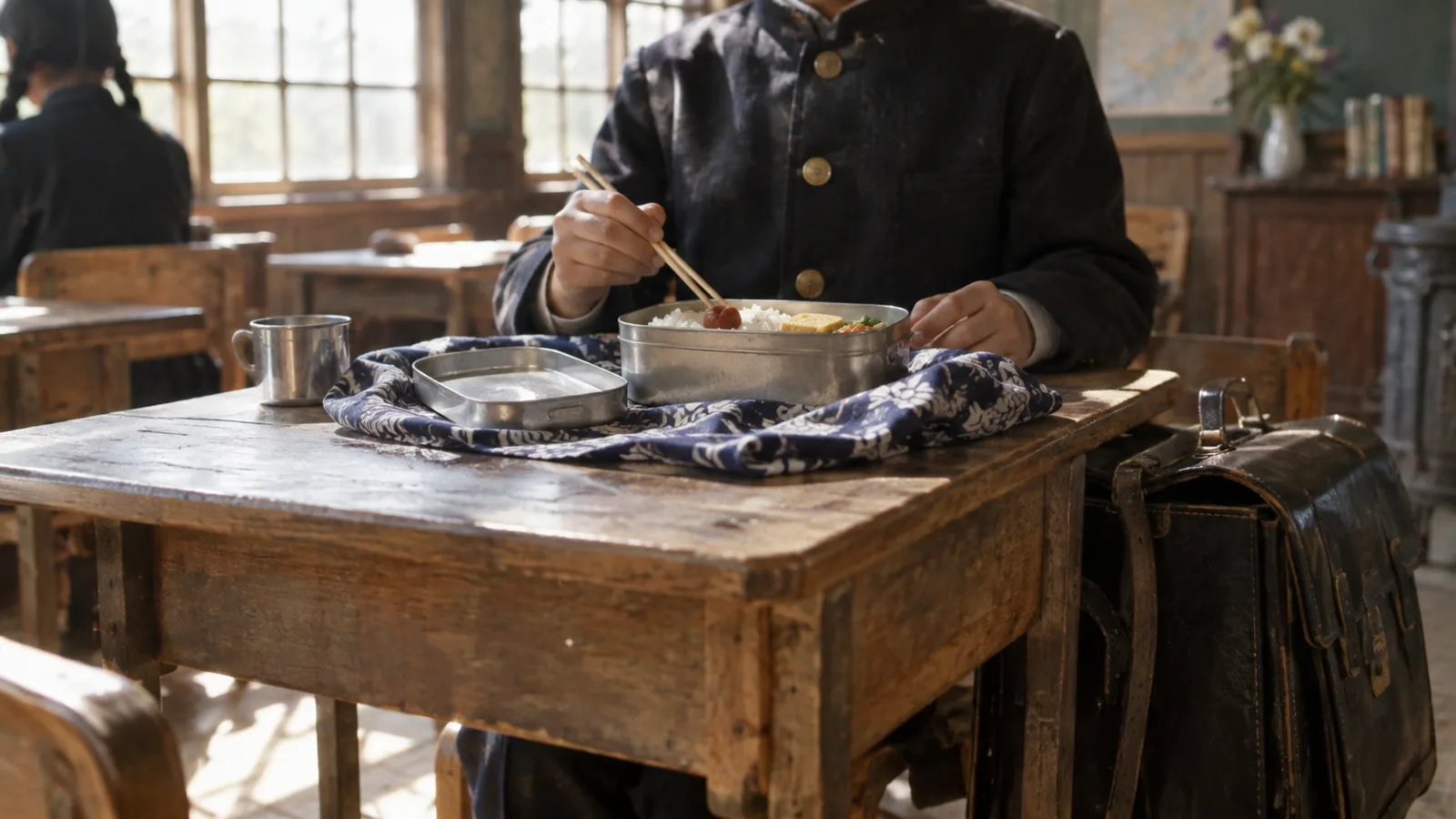 昭和20年代後半〜30年代(1950〜1964年ごろ)の弁当箱を持参した通学を思わせる横長の記憶風景