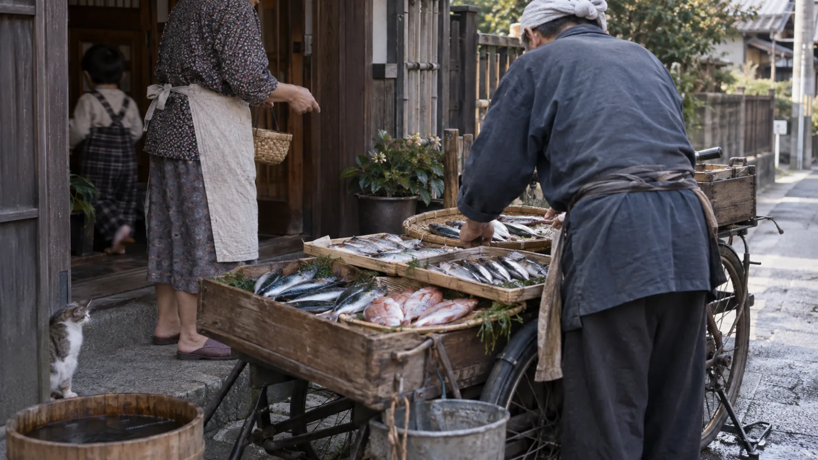 昭和20年代後半〜30年代（1950〜1964年ごろ）の行商の魚屋の呼び声を思わせる横長の記憶風景