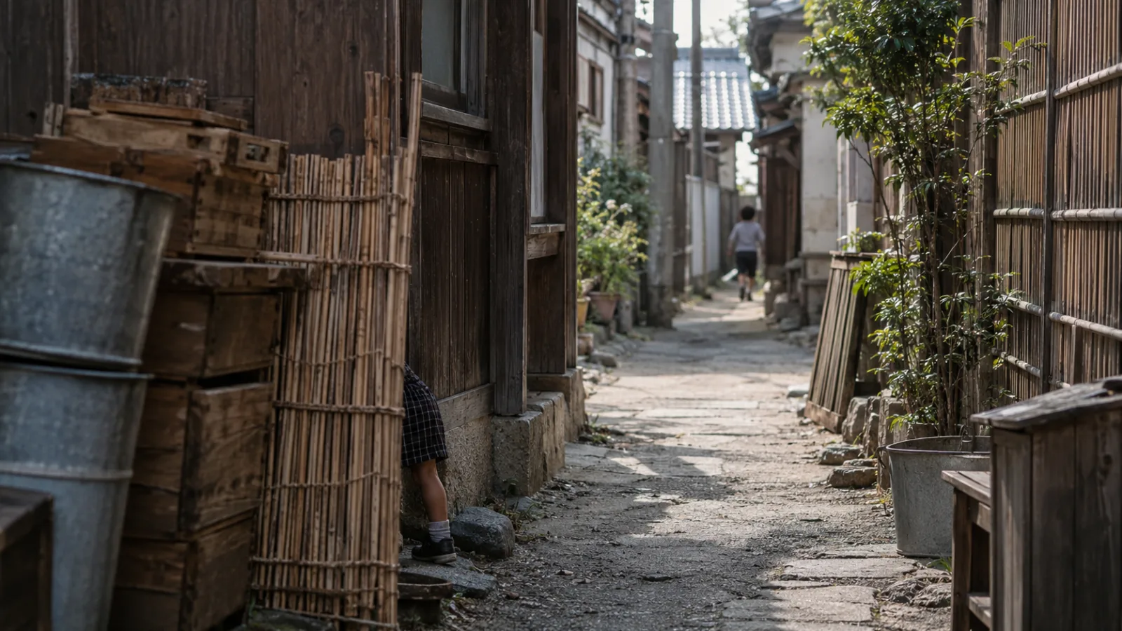 昭和20年代後半〜30年代（1950〜1964年ごろ）の路地裏のかくれんぼを思わせる横長の記憶風景