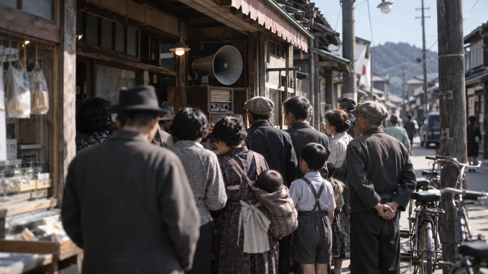 昭和20年代後半〜30年代(1950〜1958年ごろ)の街頭のラジオ実況中継に集まる人だかりを思わせる横長の記憶風景