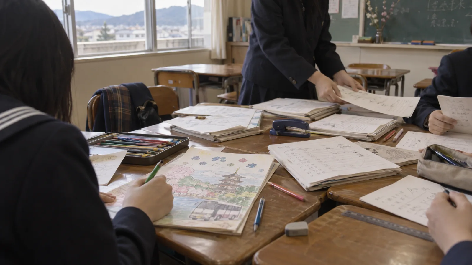 昭和末期〜平成初期（1988〜1995年ごろ）の修学旅行のしおり作りを思わせる横長の記憶風景
