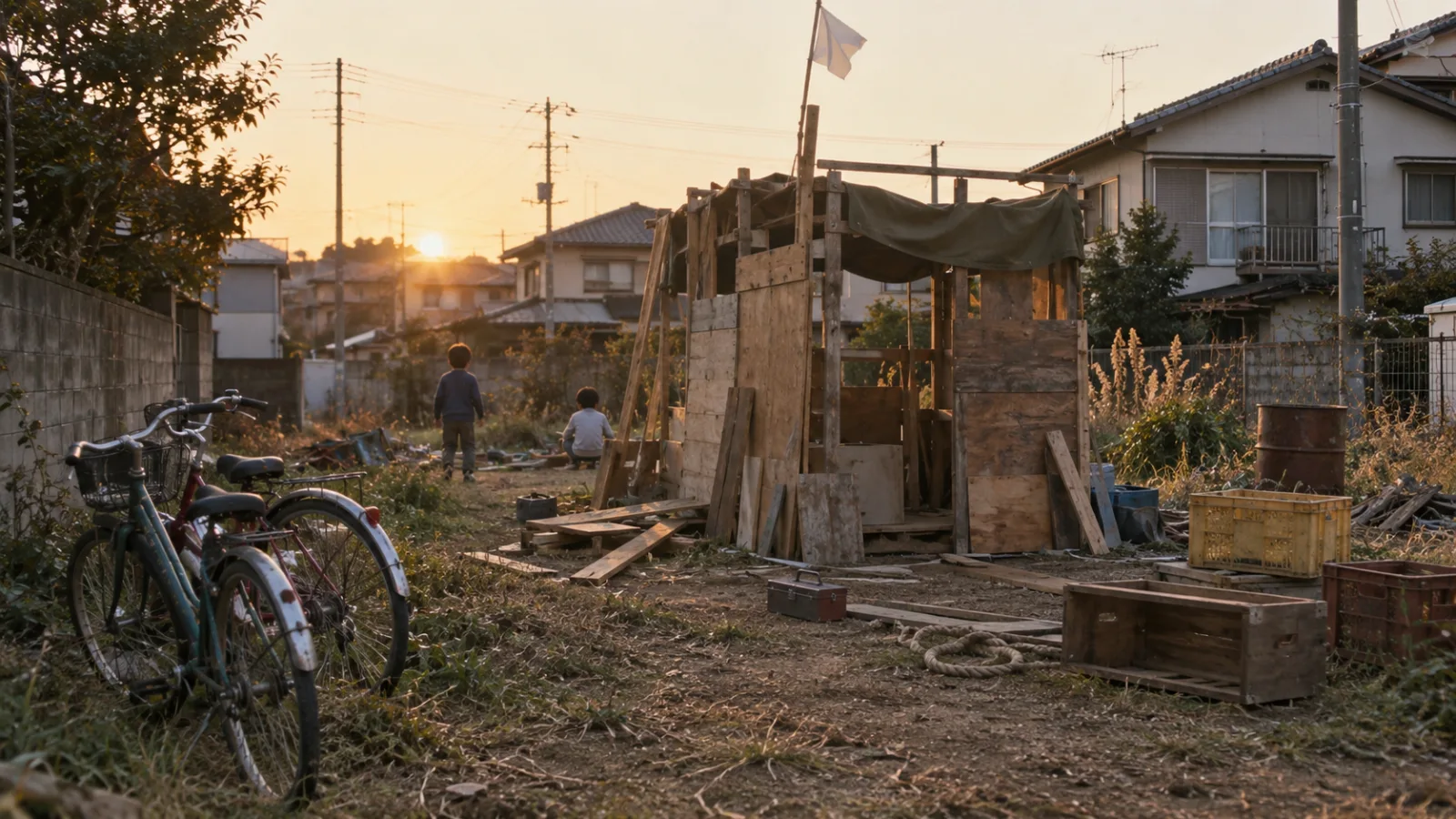昭和末期（1985〜1991年ごろ）の空き地に作った秘密基地遊びを思わせる横長の記憶風景