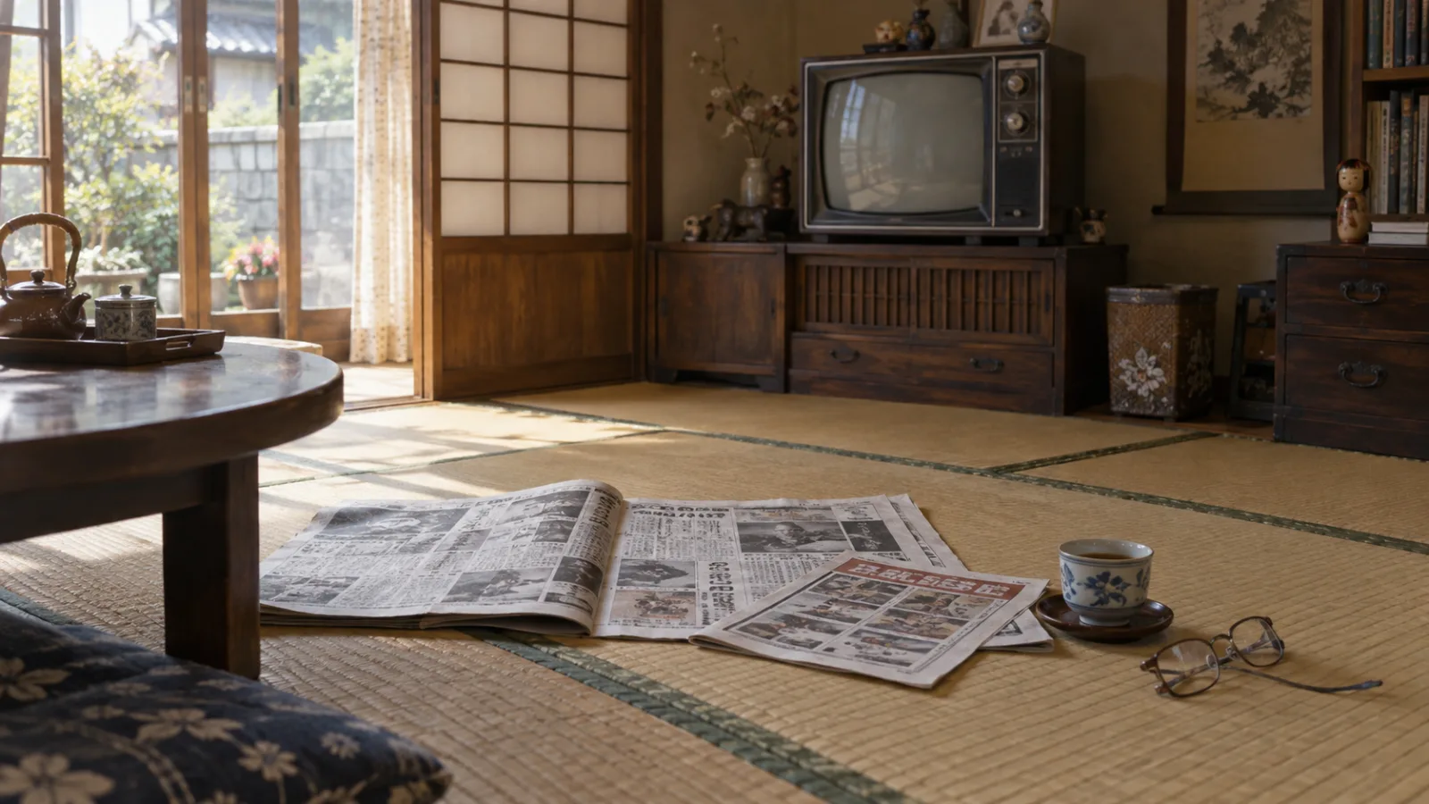 昭和50年代（1975〜1982年ごろ）の新聞折込みの映画上映時間案内を思わせる横長の記憶風景