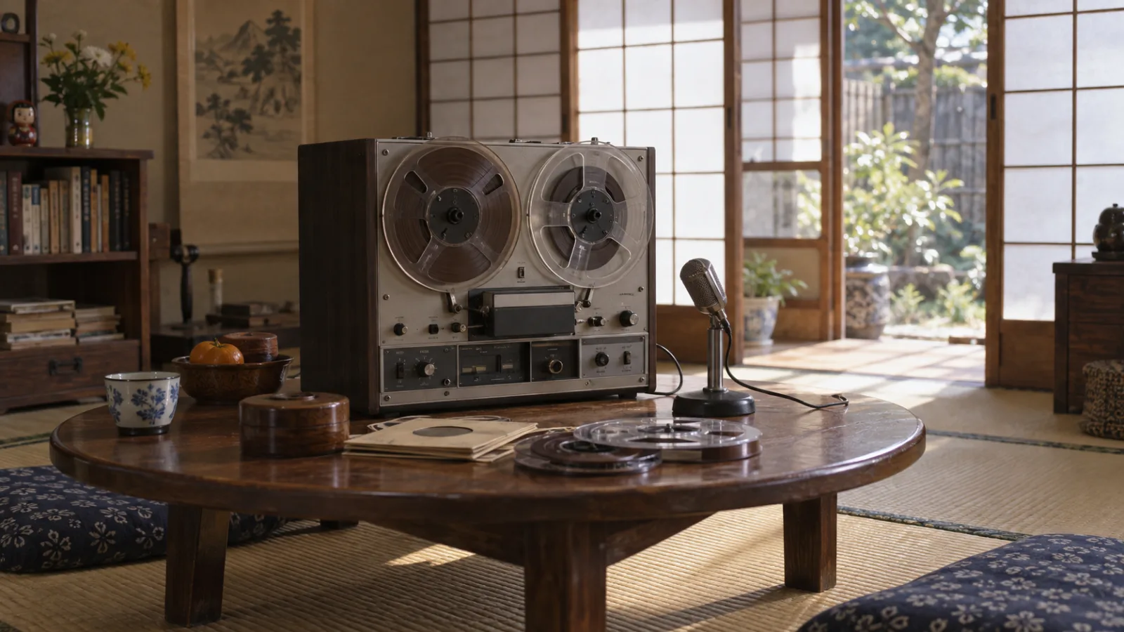 昭和40年代（1966〜1973年ごろ）の家庭用オープンリールテープレコーダーでの録音を思わせる横長の記憶風景
