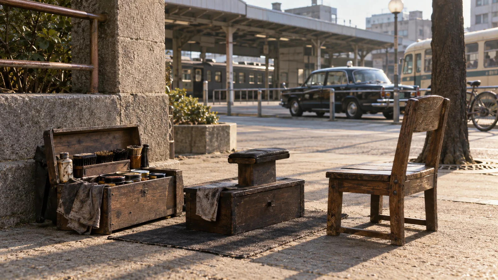 昭和40年代（1965〜1971年ごろ）の駅前の靴磨き屋で待った時間を思わせる横長の記憶風景