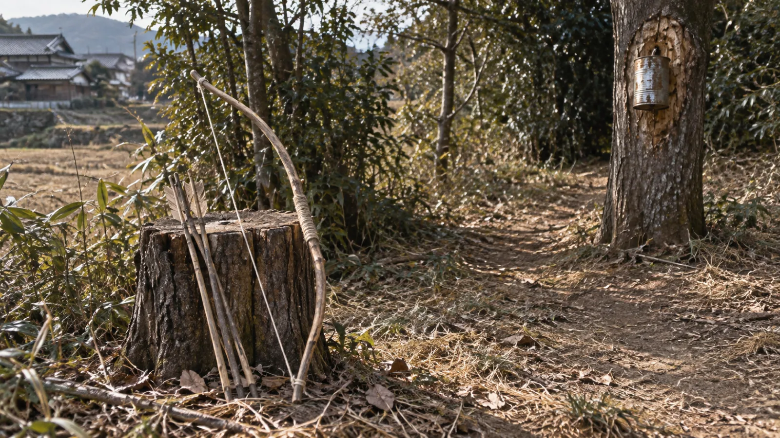 昭和20年代後半〜30年代（1953〜1960年ごろ）の木の枝で作った弓矢遊びを思わせる横長の記憶風景