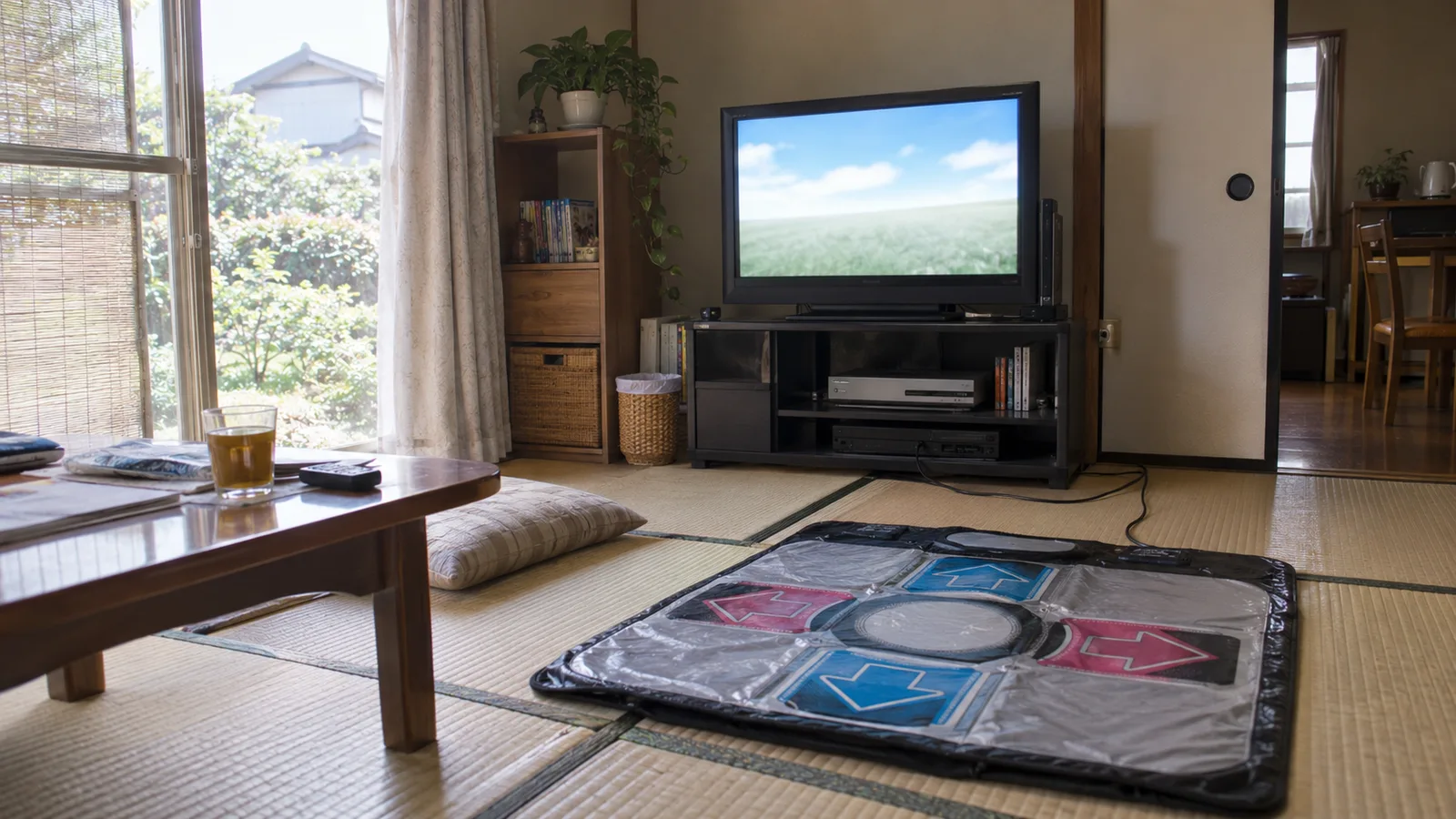 テレビの前に広げた四角い家庭用ダンスマットを描いたAI再現画像