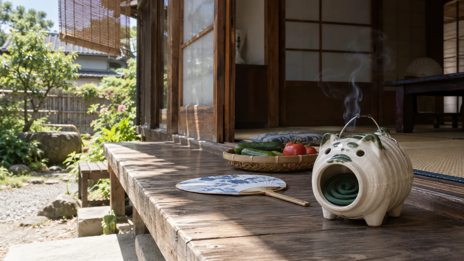 夏の縁側の陶器の豚形蚊遣りを描いたAI再現画像