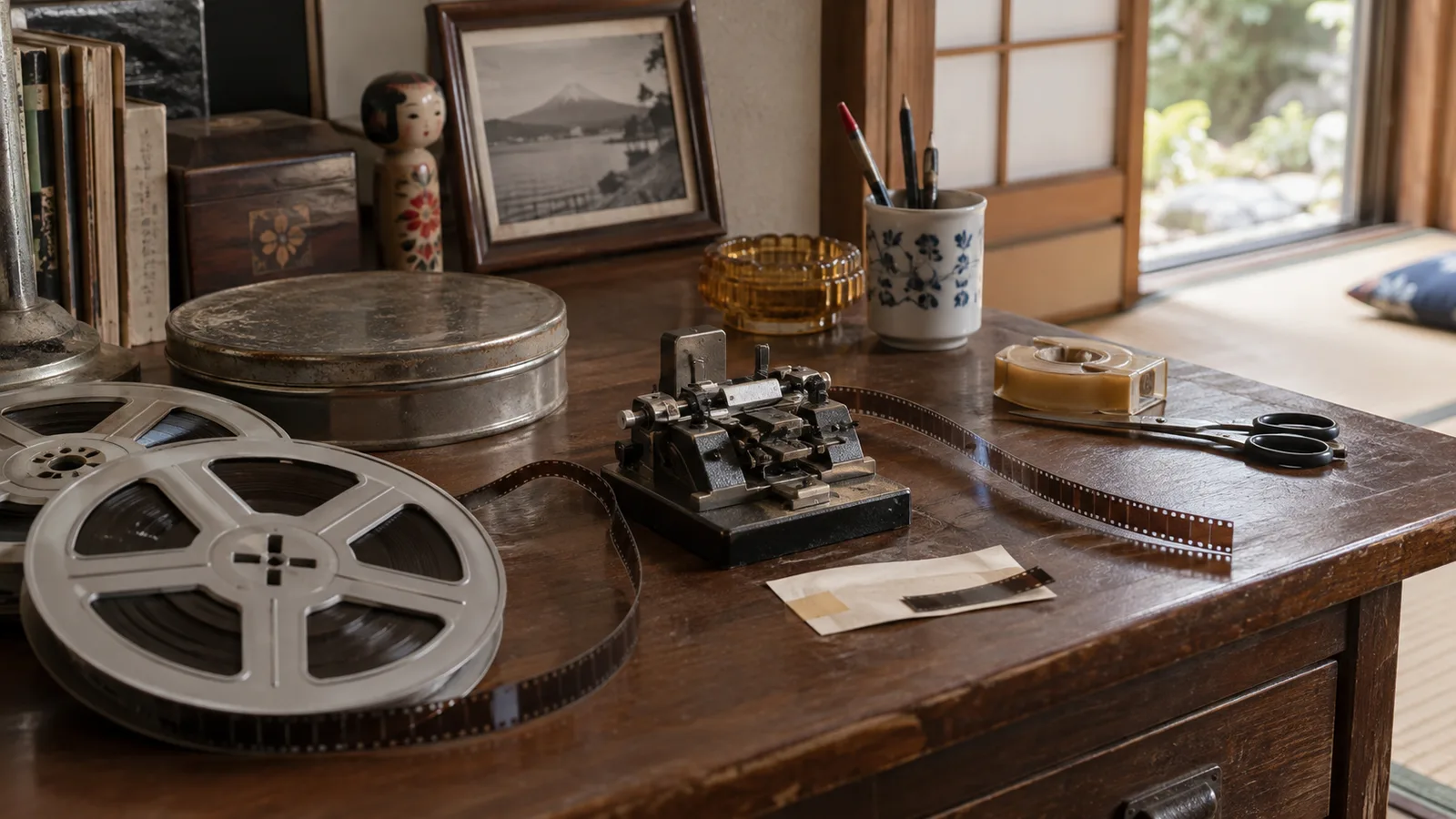 家庭の机に8ミリフィルム用スプライサーとリールを描いたAI再現画像