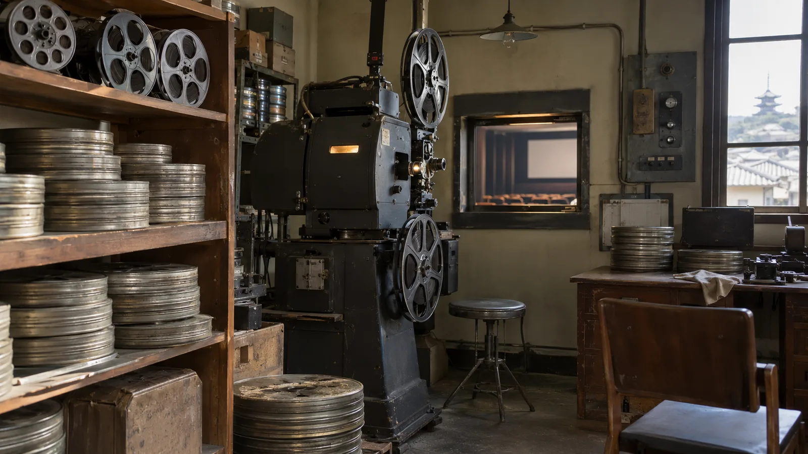 上映室の木製棚に並べた金属のフィルム缶とリールを描いたAI再現画像