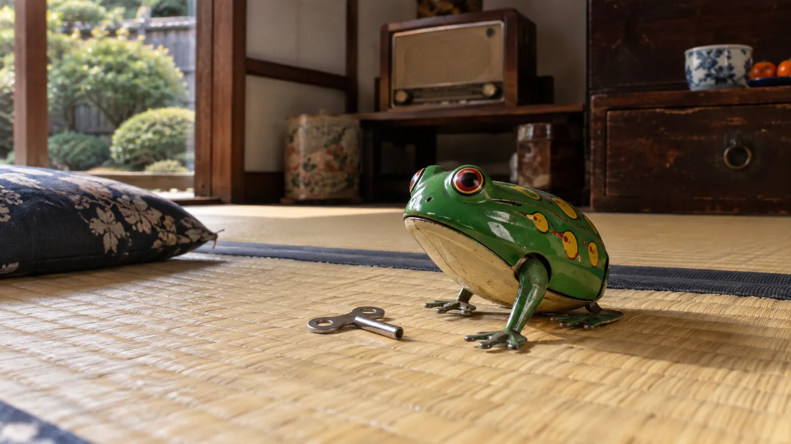 畳に置いた緑のゼンマイ式ブリキのカエル玩具と巻き鍵を描いたAI再現画像