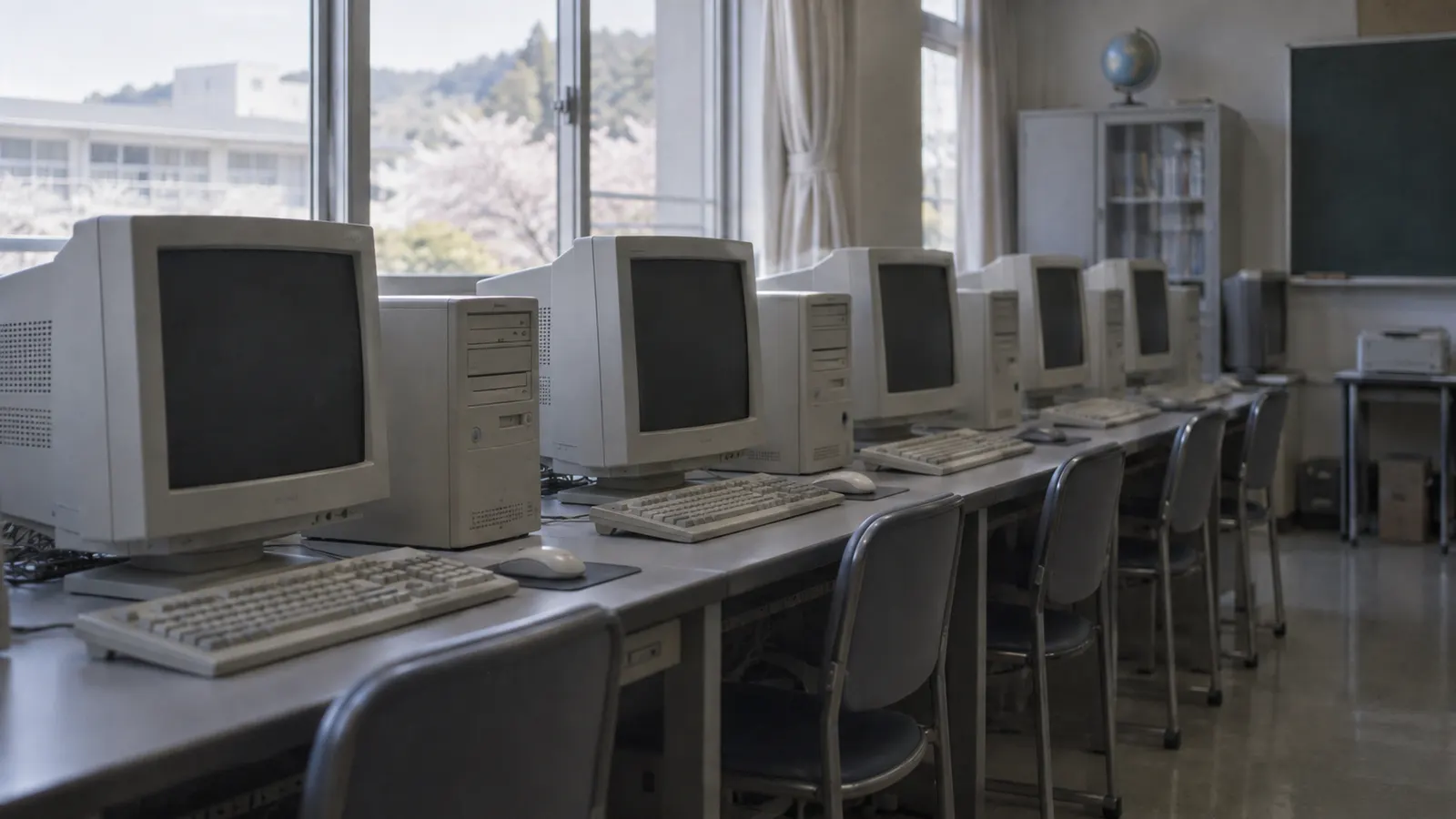 平成初期〜中期（1996〜2008年ごろ）のパソコン室のタイピング練習を思わせる横長の記憶風景