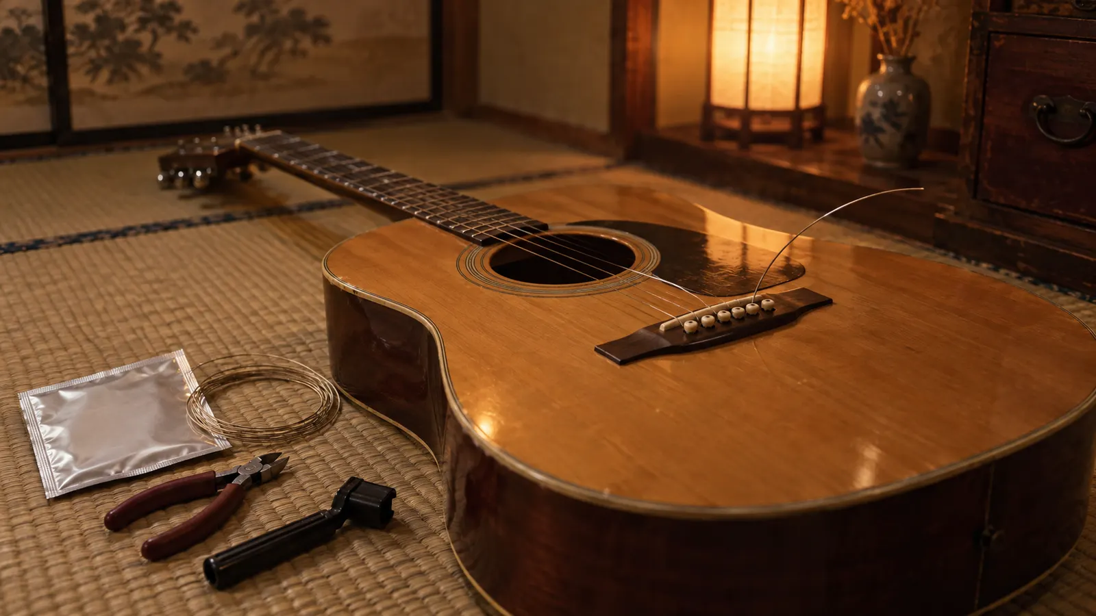昭和40年代後半〜60年代（1973〜1988年ごろ）のギターの弦の張り替えを思わせる横長の記憶風景