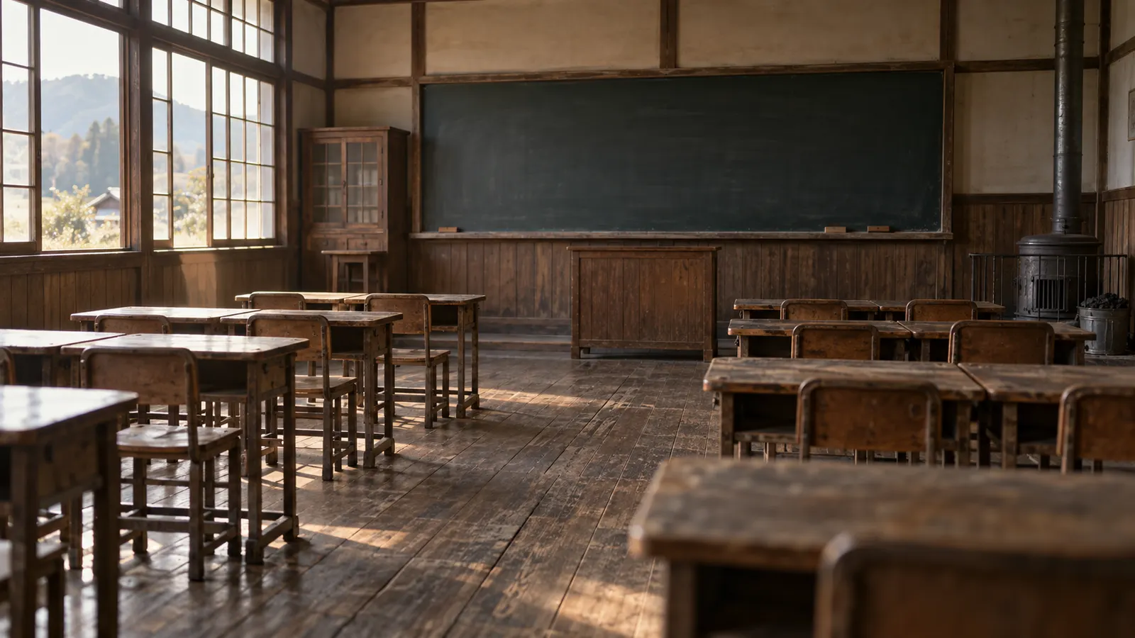 昭和20年代〜40年代（1953〜1968年ごろ）の複式学級の教室を思わせる横長の記憶風景