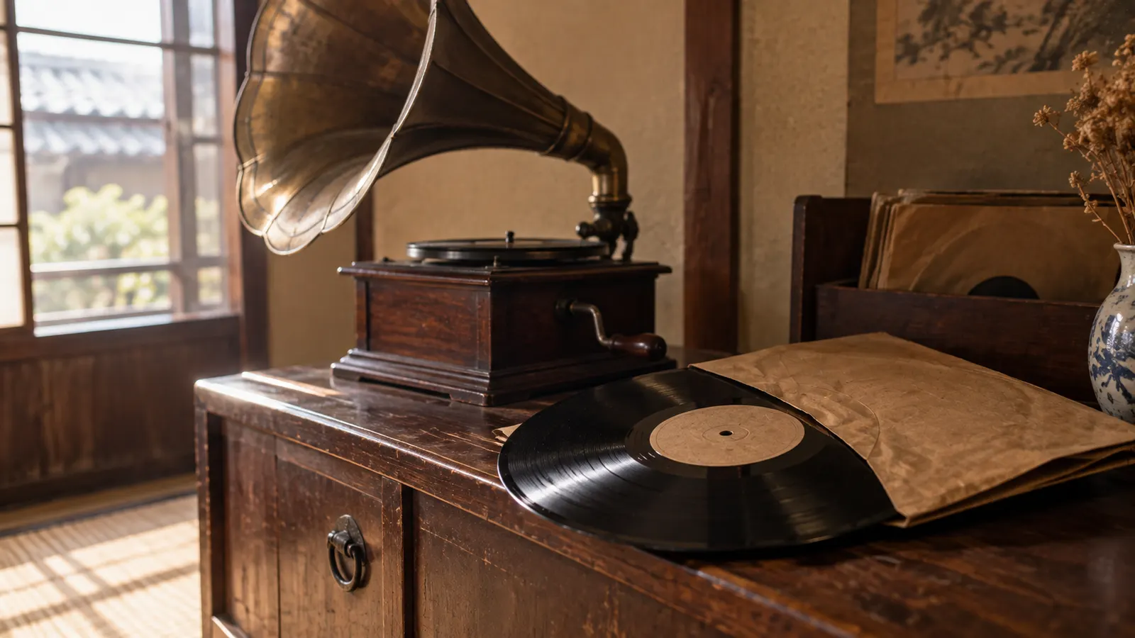昭和20年代〜30年代（1953〜1964年ごろ）のSP盤のレコードを思わせる横長の記憶風景
