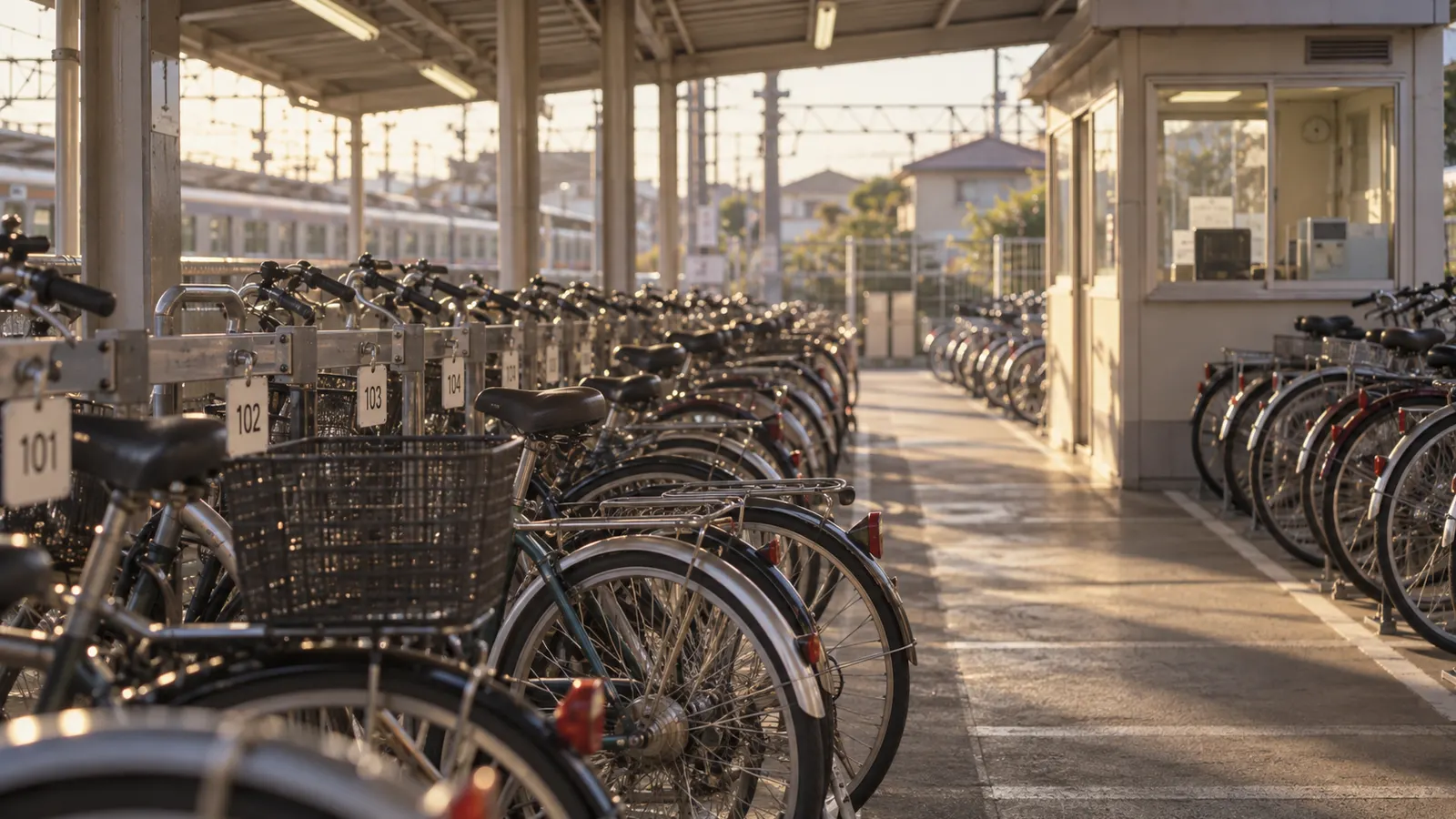 平成中期（1998〜2010年ごろ）の駅前の自転車預かり所を思わせる横長の記憶風景
