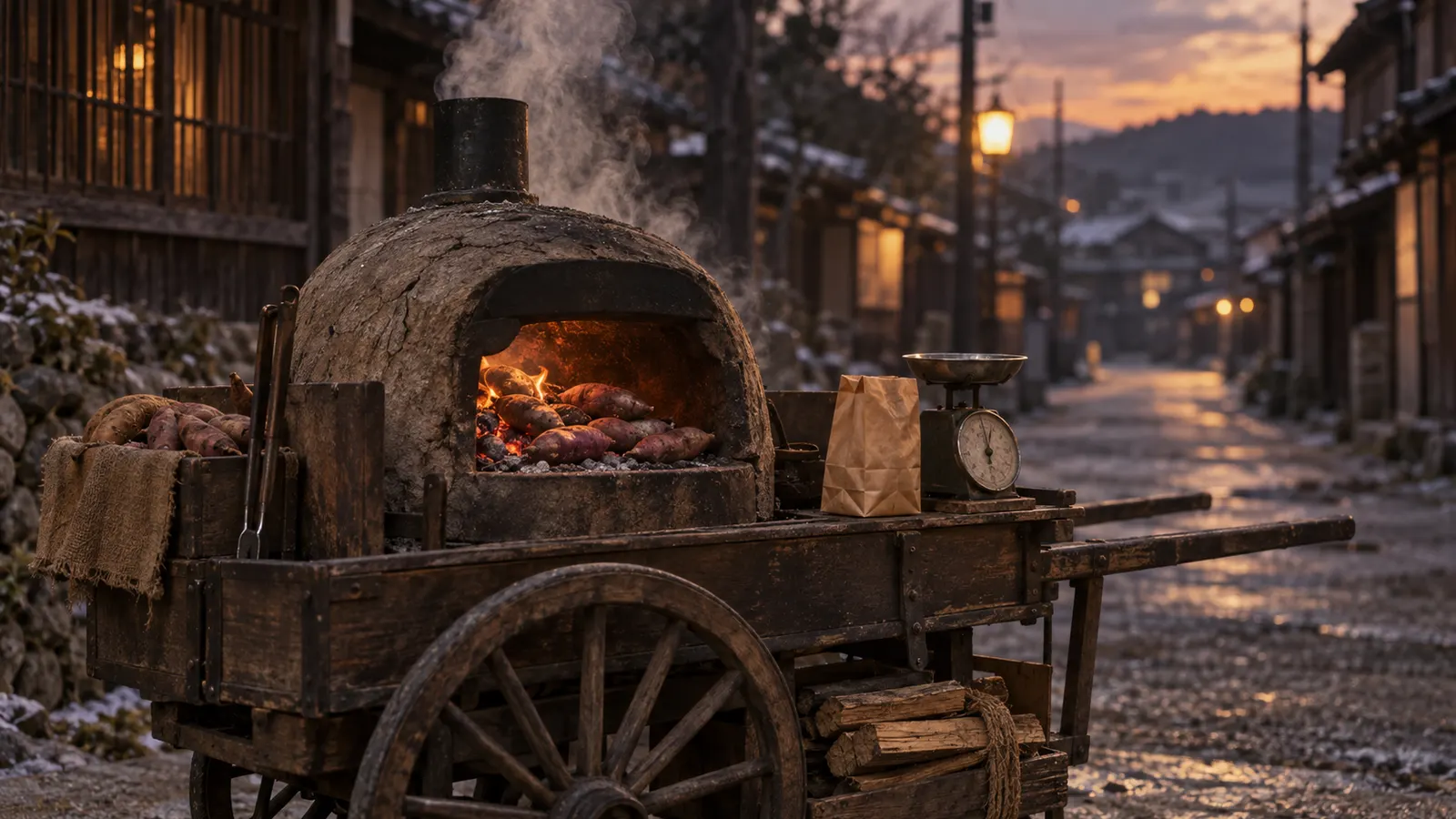 昭和20年代〜30年代（1950〜1965年ごろ）の石焼き芋のリヤカーを思わせる横長の記憶風景