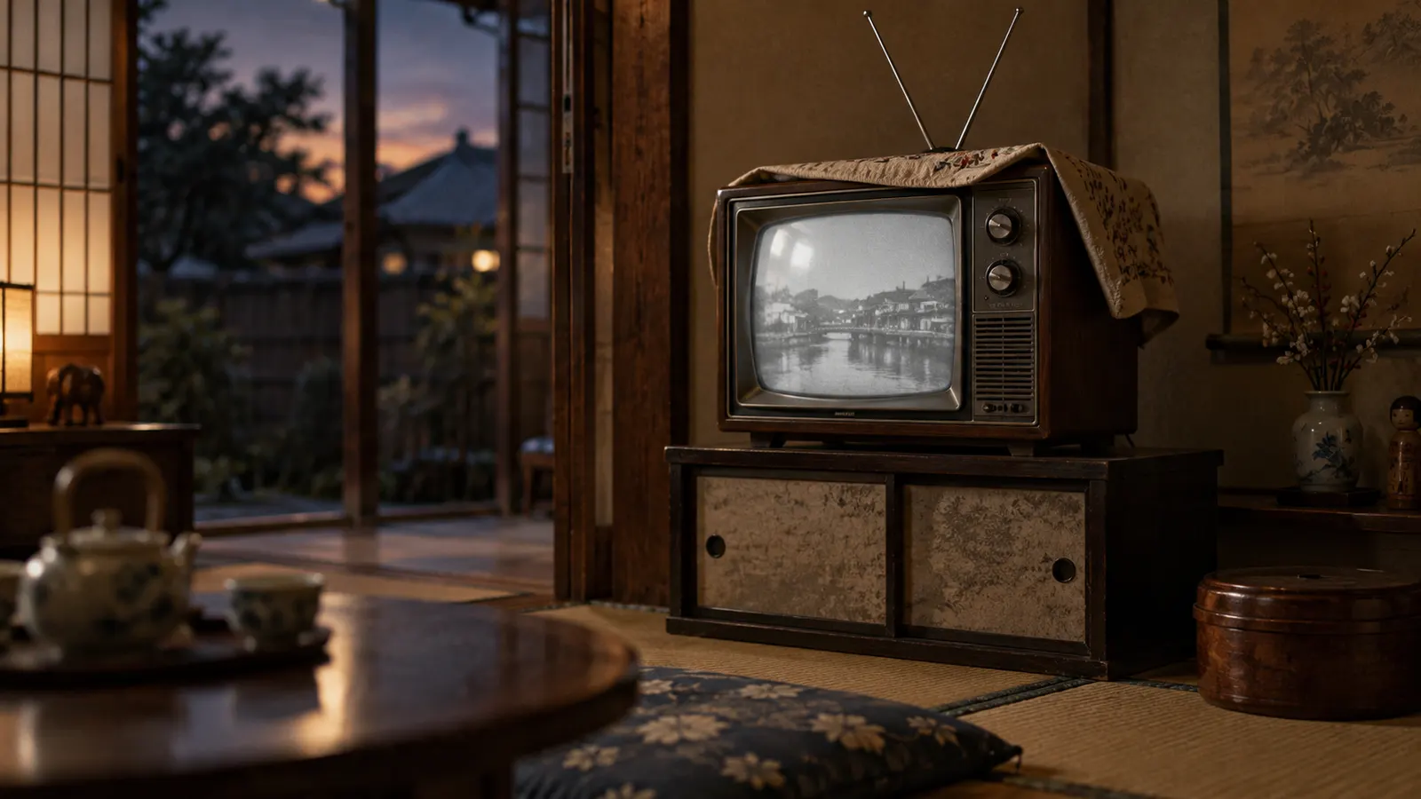 昭和20年代後半〜30年代（1953〜1964年ごろ）のテレビ放送の始まりを思わせる横長の記憶風景
